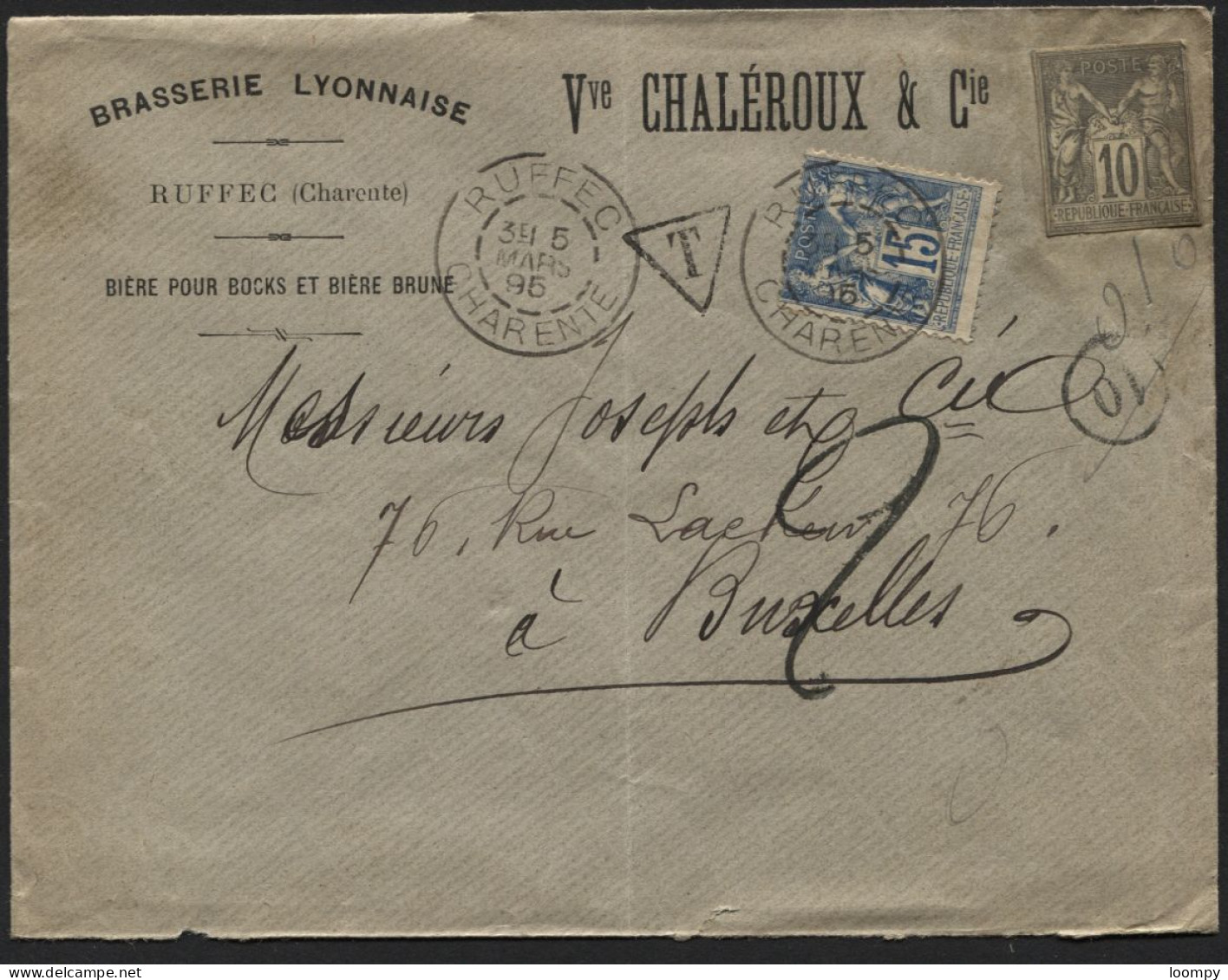 BRASSERIE Sage 90 Sur Lettre Affr. Découpure Entier 10c RUFFEC LYON Vers Belgique 1895+taxe. BRASSEUR Chaleroux BIERE - 1876-1898 Sage (Tipo II)