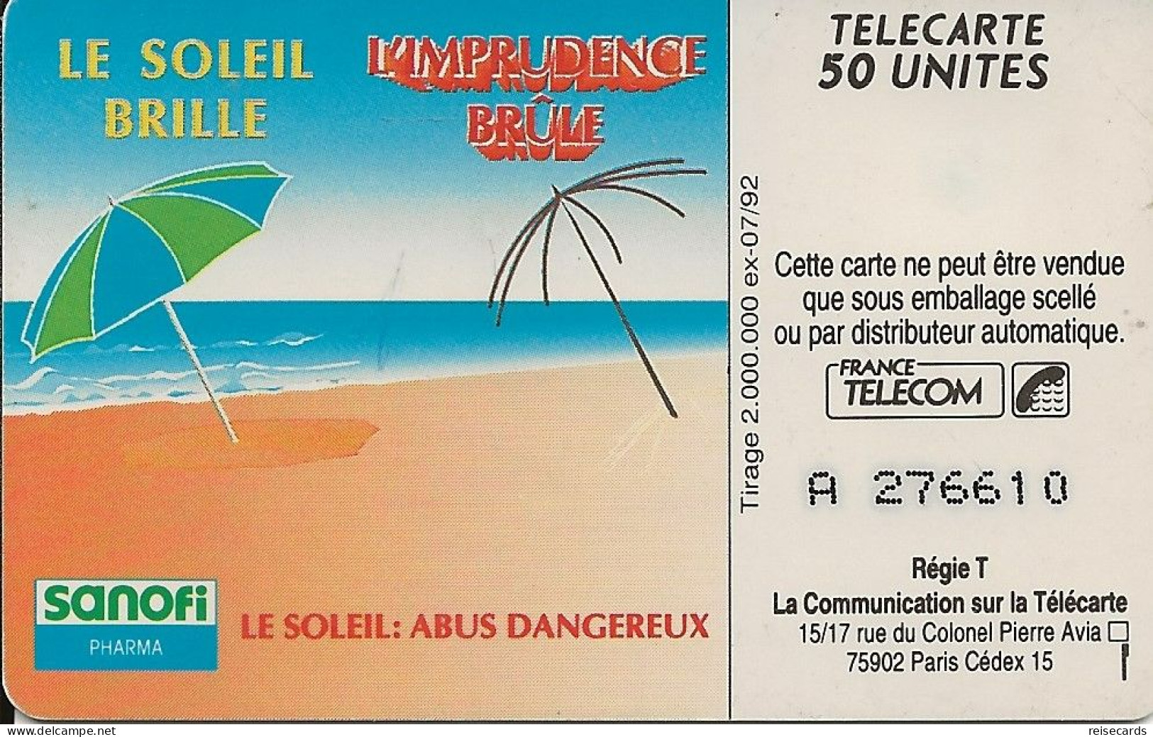 France: France Telecom 07/92 F285A Sanofi - 1992