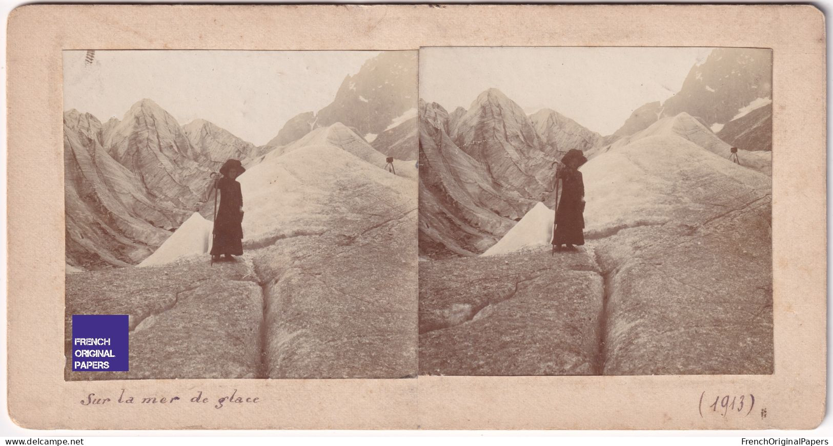 Chamonix Mont-Blanc / Mer De Glace Femme élégante - Photo Stéréoscopique 1913 Alpes Glacier Alpiniste Alpinisme C3-9 - Photos Stéréoscopiques