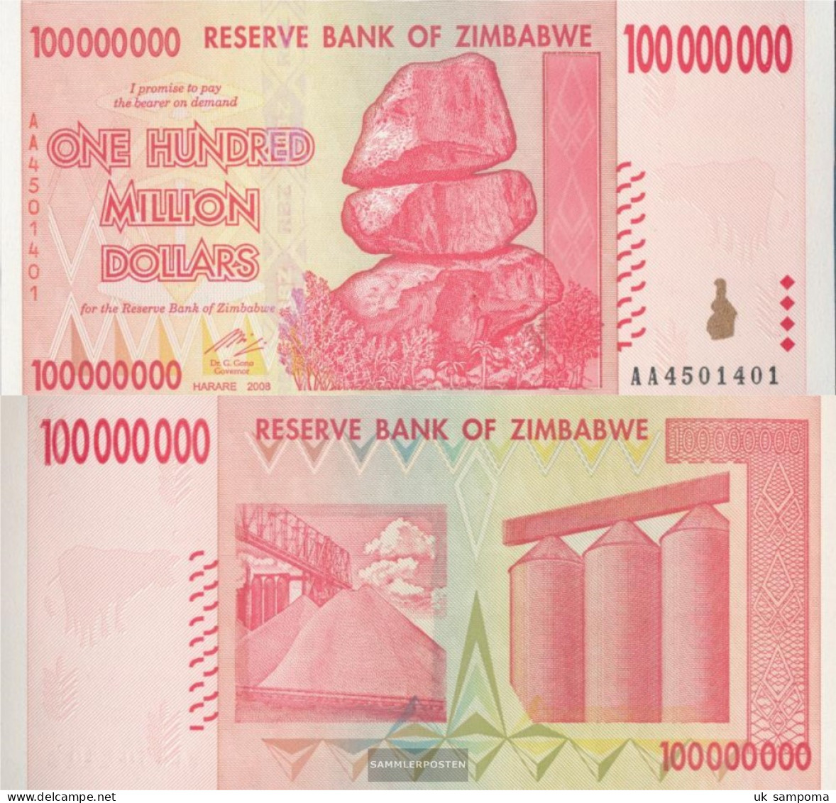 Zimbabwe Pick-number: 80 Uncirculated 2008 100 Million. Dollars - Simbabwe