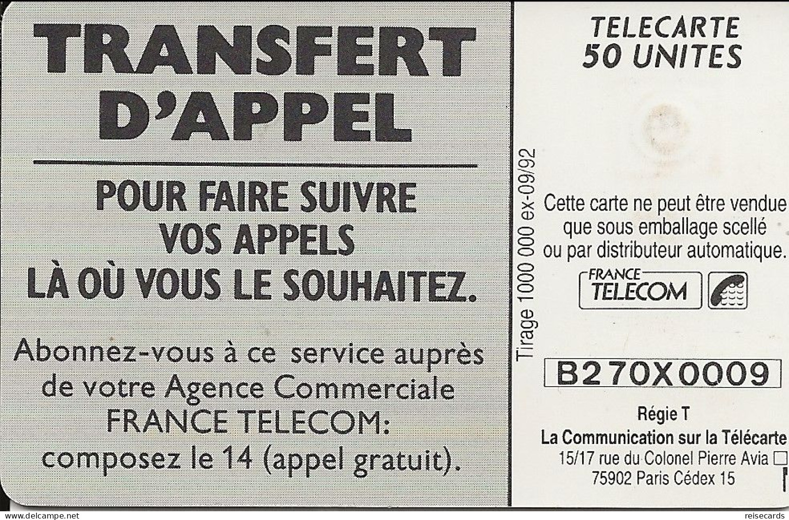 France: France Telecom 09/92 F275e Transfert D'appel - 1992