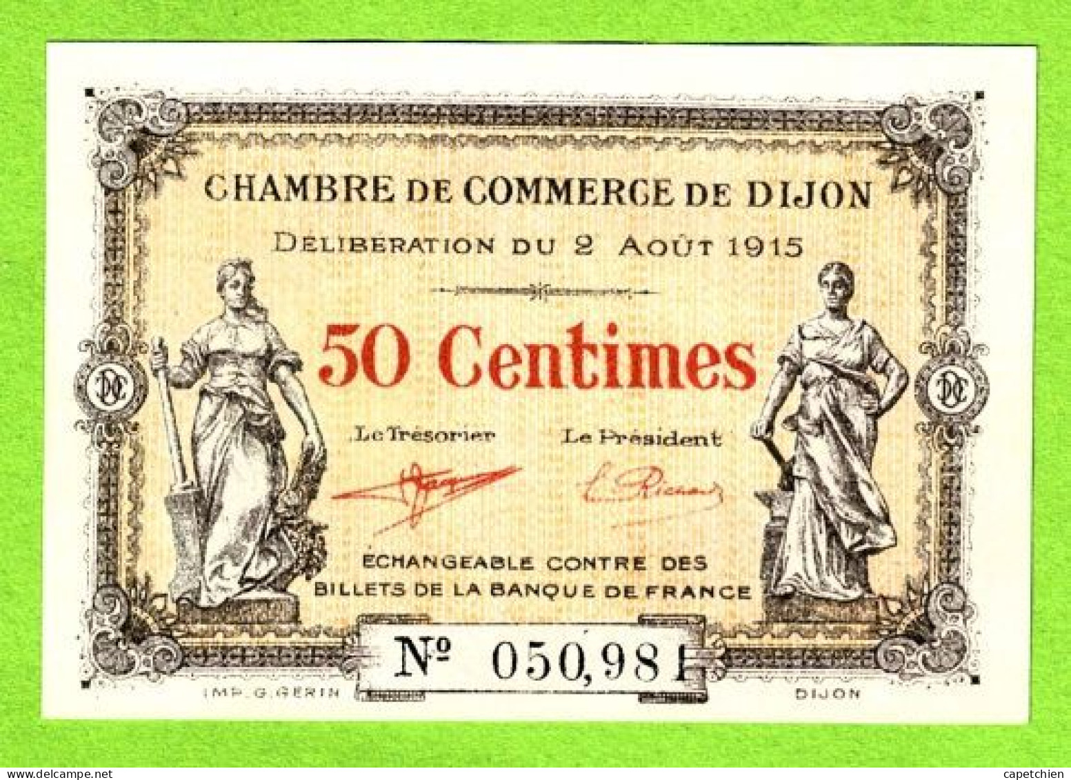 FRANCE / CHAMBRE De COMMERCE De DIJON/ 50 CENT. / 2 AOUT 1915 / N° 050,98 / SERIE - Chambre De Commerce