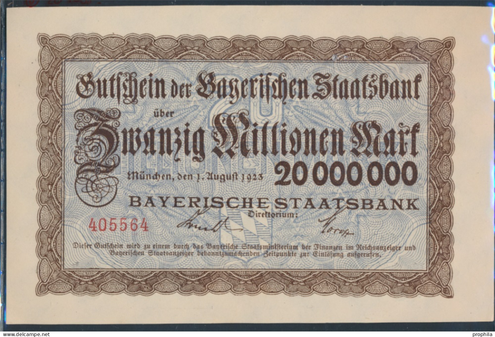 Bayern Inflationsgeld Bayerische Staatsbank Bankfrisch 1923 20 Millionen Mark (10382986 - 20 Mio. Mark