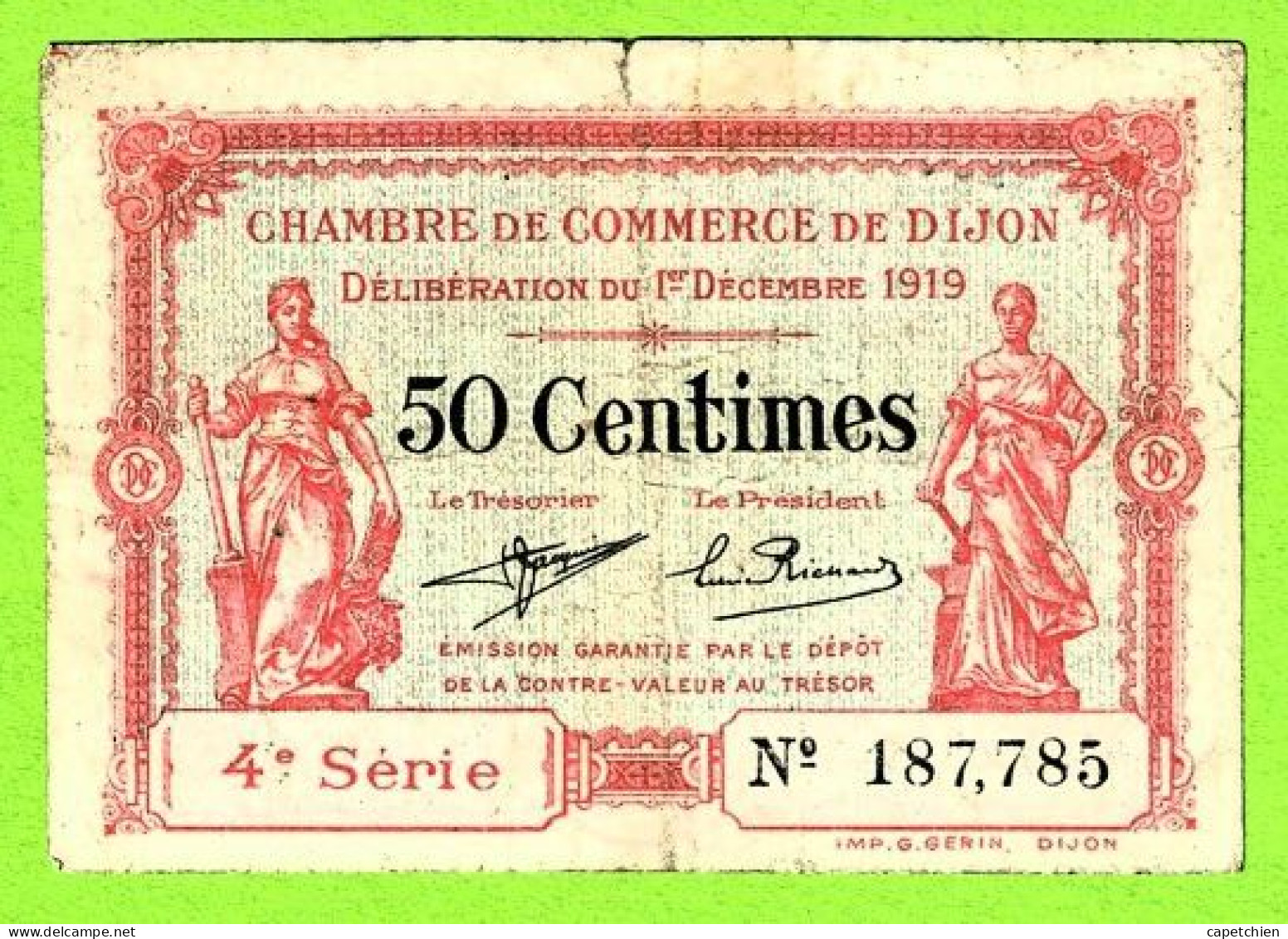 FRANCE / CHAMBRE De COMMERCE De DIJON/ 50 CENT. / 1er DECEMBRE  1919 / N° 187,785 / 4eme SERIE - Handelskammer