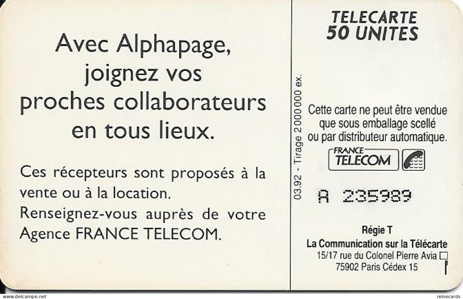 France: France Telecom 03/92 F255A Alphapage - 1992