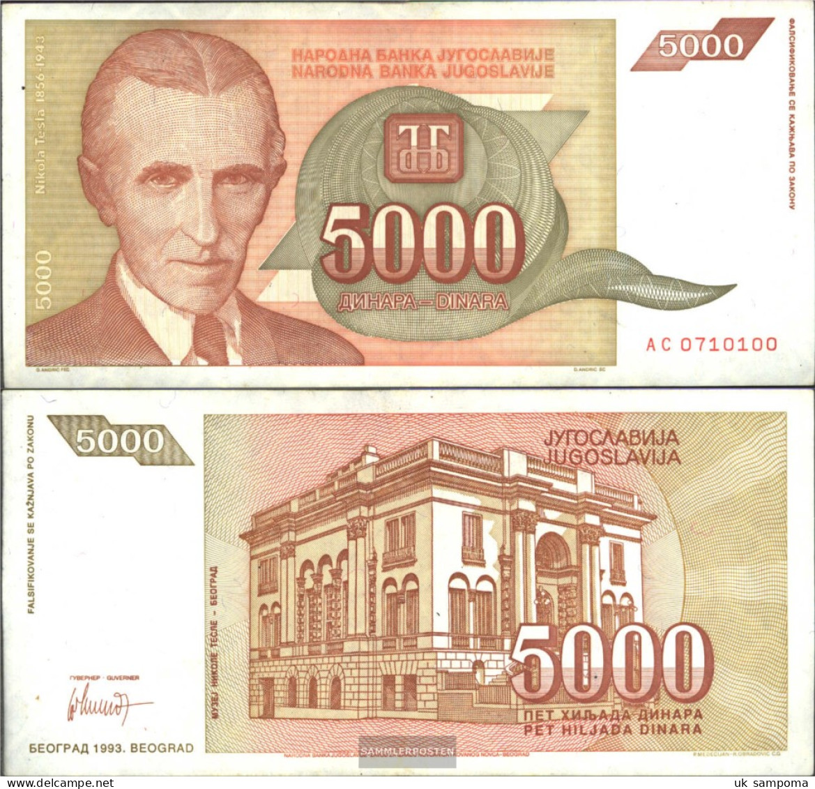 Yugoslavia Pick-number: 128 Uncirculated 1993 5.000 Dinara - Yugoslavia