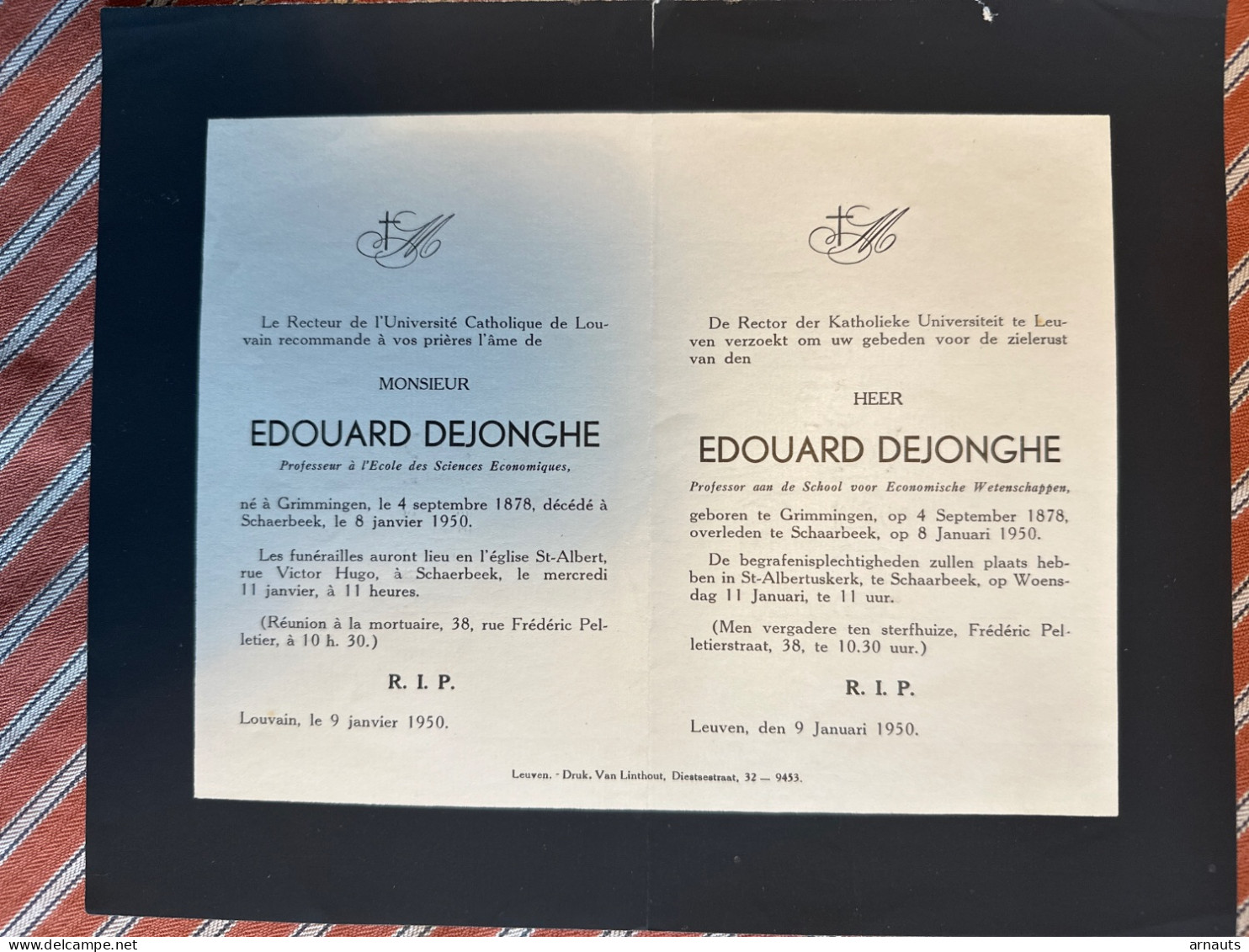 Rector Kath Univ Leuven Verzoekt Gebed Heer Edouard Dejonghe *1878 Grimmingen +1950 Schaarbeek Professor Wetenschappen - Obituary Notices