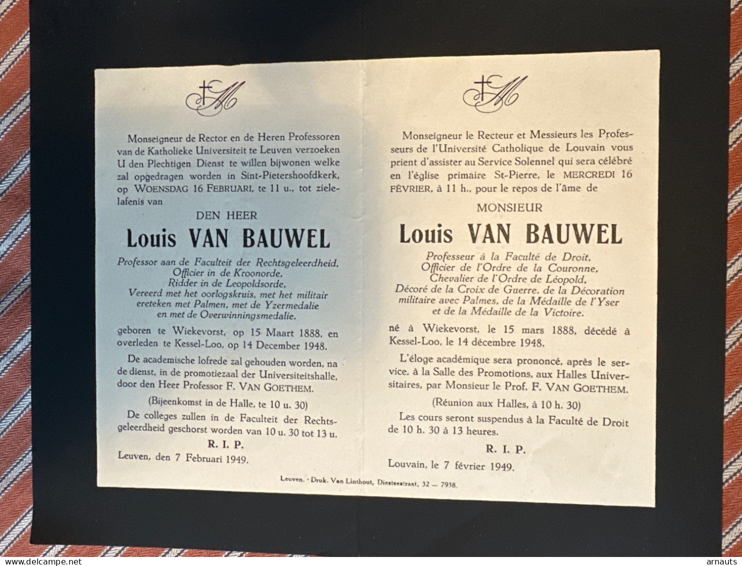 Rector Kath Univ Leuven Verzoekt Gebed Heer Louis Bauwel Professor Rechtsgeleerdheid *1888 Wiekevorst +1948 Kessel-lo - Obituary Notices