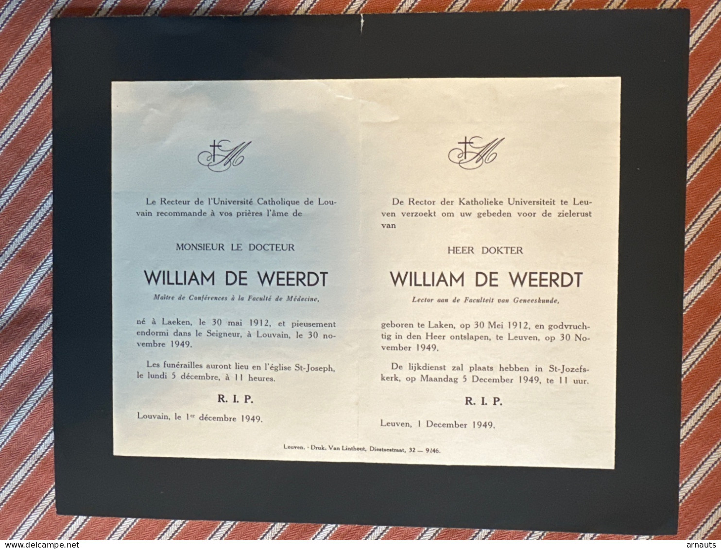 Rector Kath Univ Leuven Verzoekt Gebed Dokter William De Weerdt Lector Faculteit Geneeskunde *1912 Laken +1949 Leuven - Obituary Notices