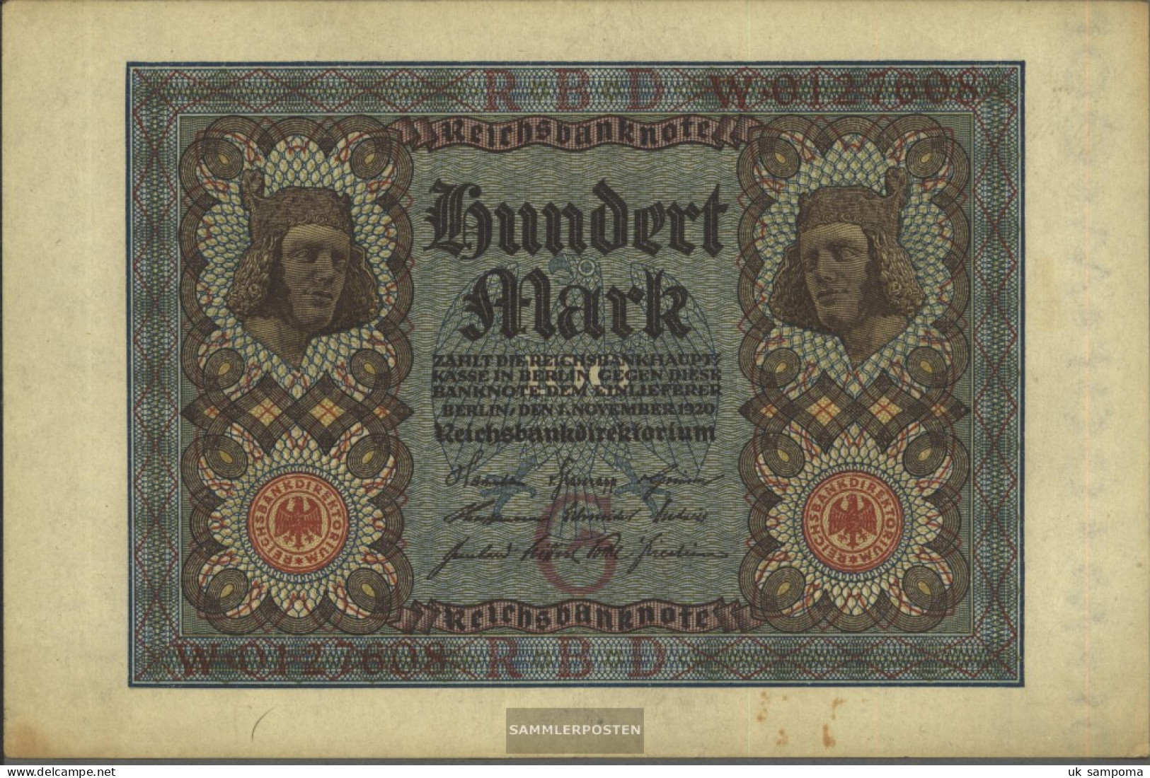 German Empire Rosenbg: 67a, 7stellige Kontrollnummer Used (III) 1920 100 Mark - 100 Mark