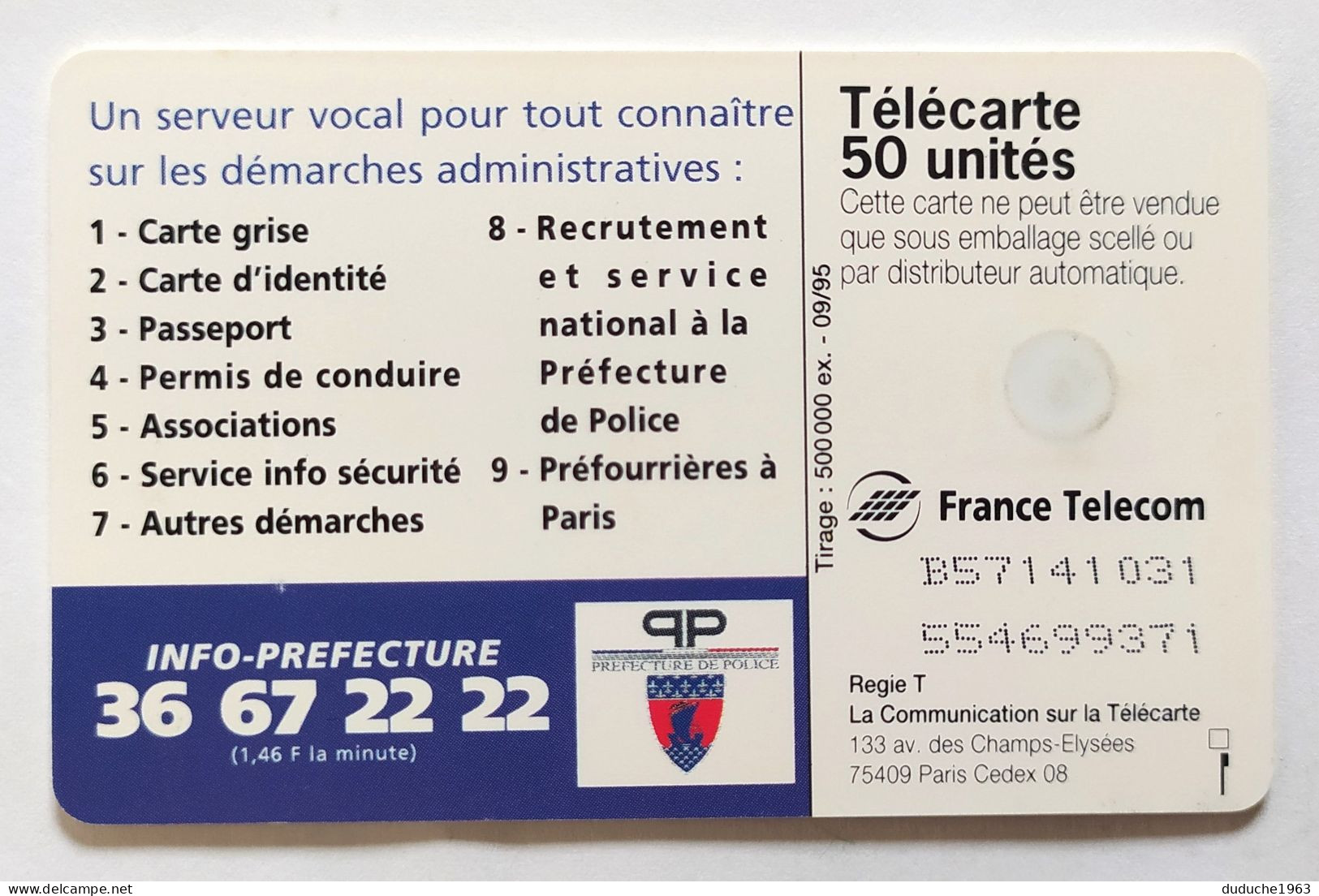 Télécarte France - Préfecture De Police De Paris - Non Classificati