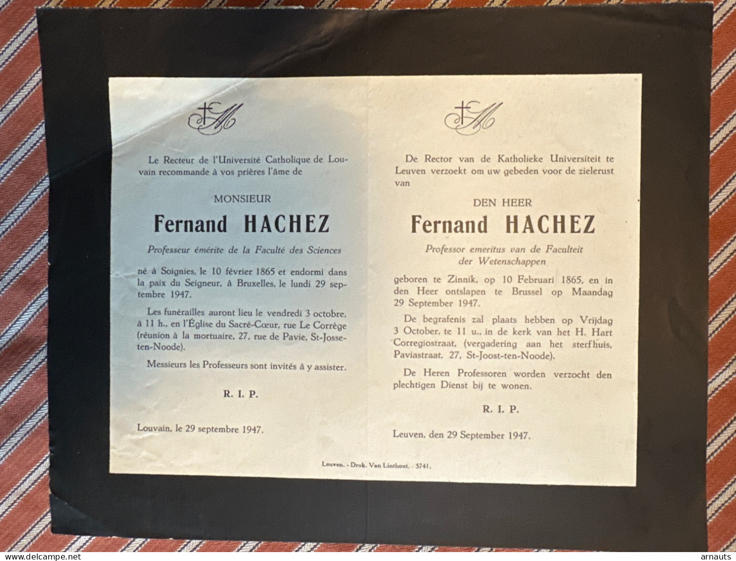 Rector Kath Univ Leuven Verzoekt Gebed Heer Fernand Hachez Professor Faculteit Wetenschappen  *1865 Zinnik +1947 Brussel - Esquela