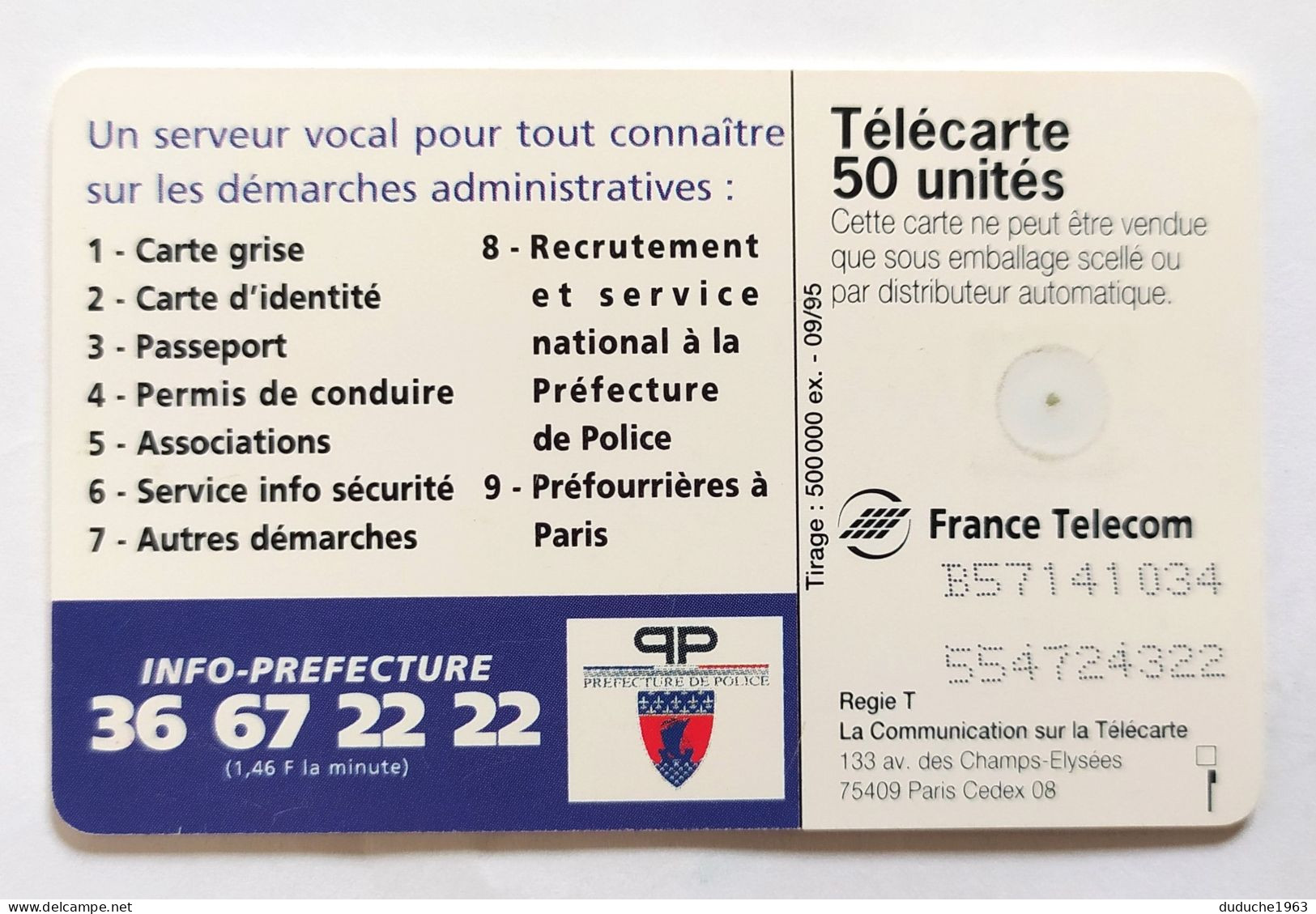 Télécarte France - Préfecture De Police De Paris - Non Classés