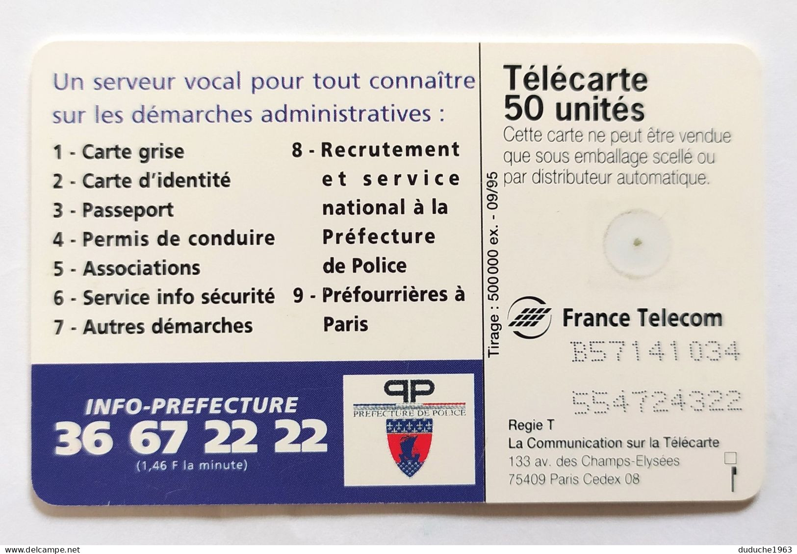 Télécarte France - Préfecture De Police De Paris - Zonder Classificatie
