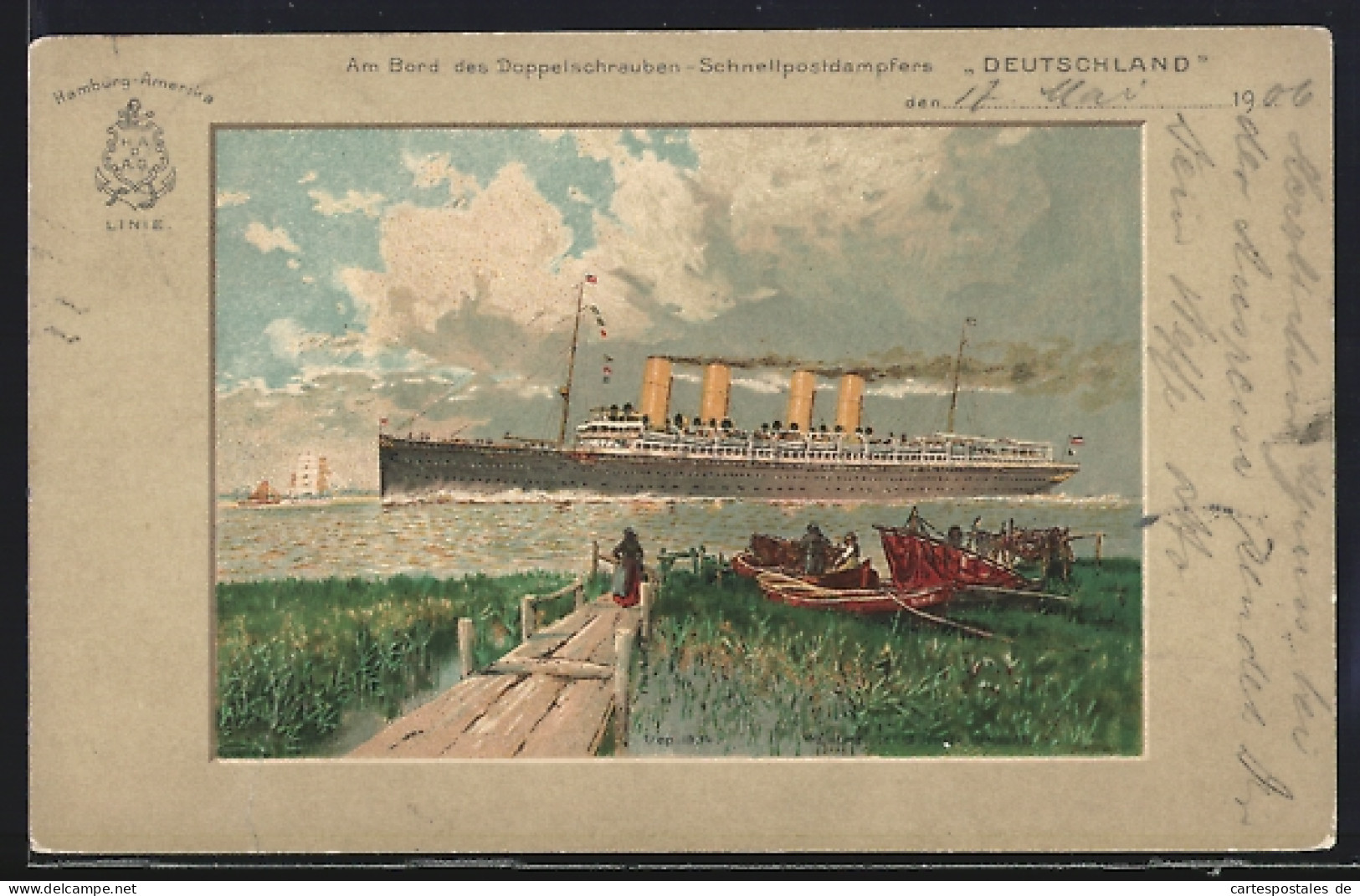 Lithographie Passagierschiff Deutschland Vom Ufer Aus Gesehen  - Paquebots