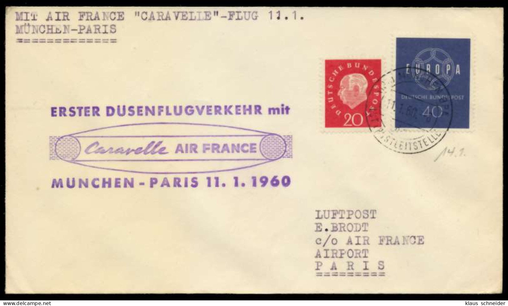 ERSTFLUGBELEG Nr CARAVELLE Air France BRIEF MIF X8B4AEA - Airplanes