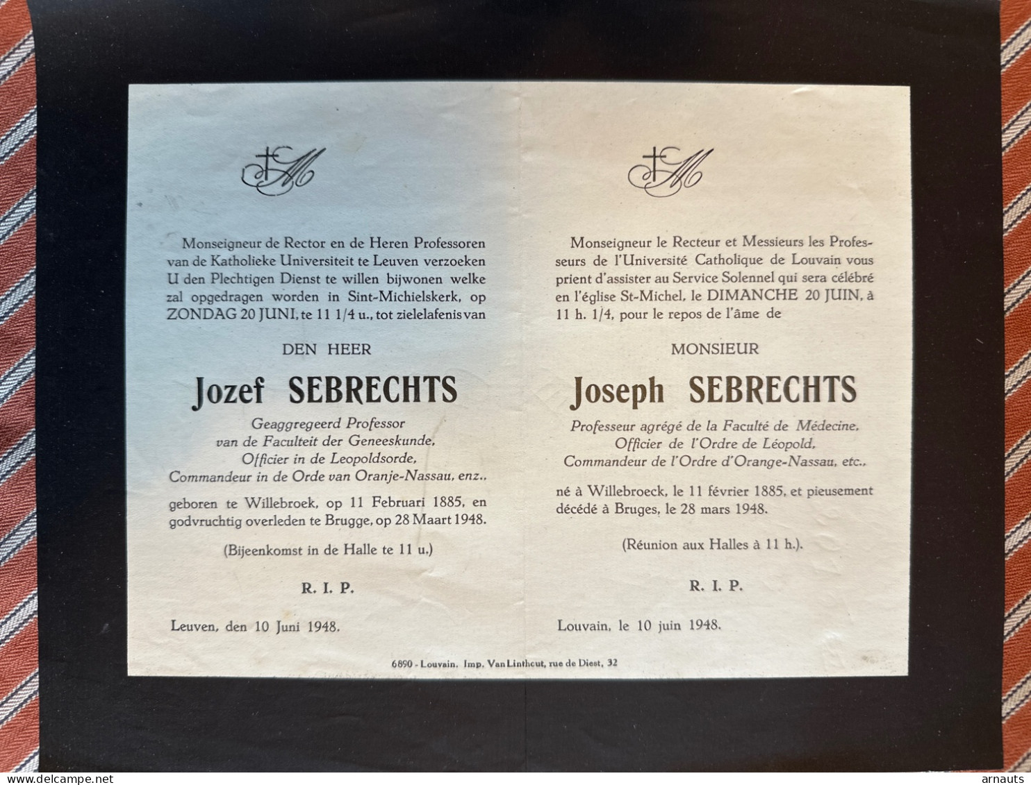 Rector Kath Univ Leuven Verzoekt Gebed HEER Jozef Sebrechts *1885 Willebroek +1948 Brugge Professor Faculteit Geneeskund - Obituary Notices