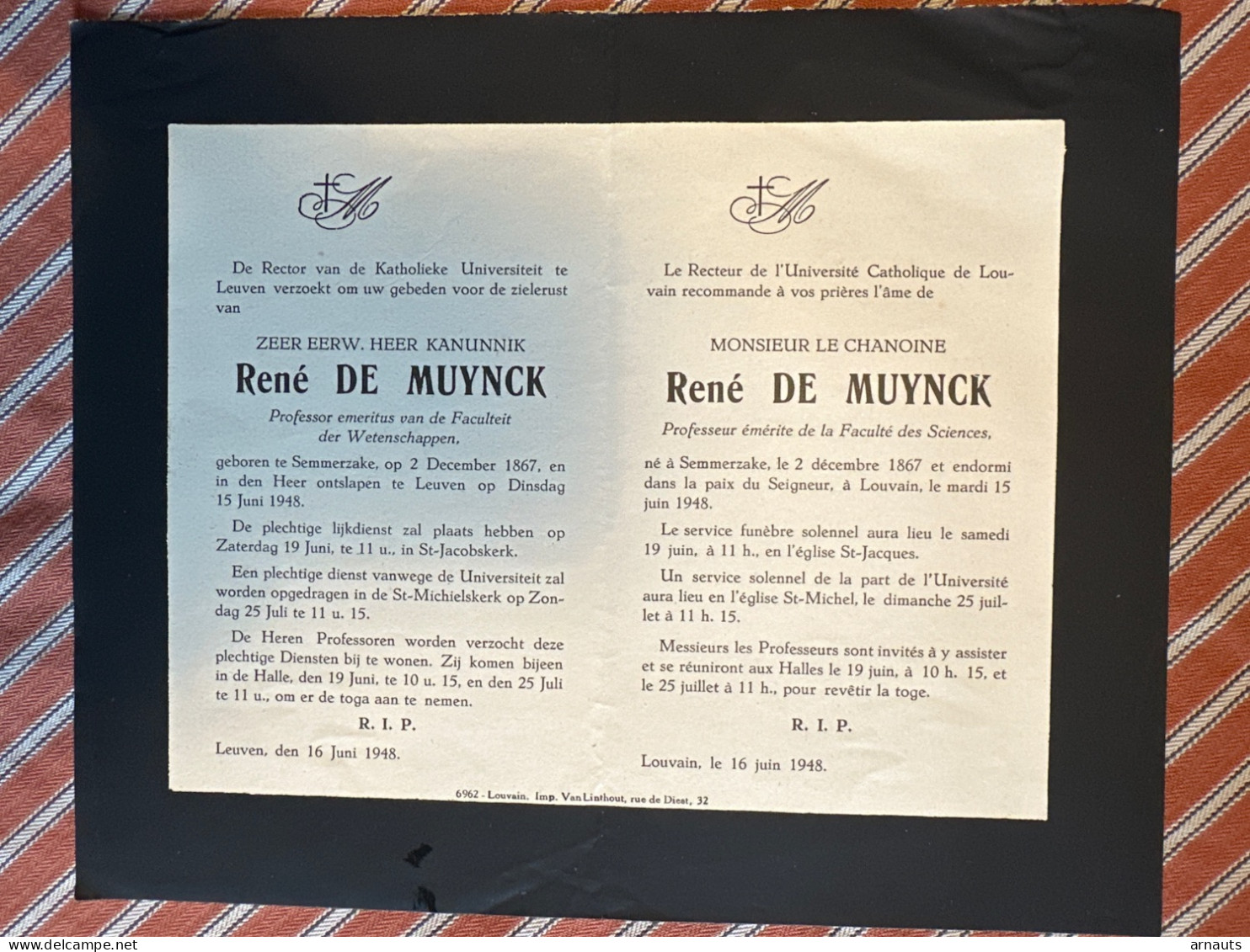 Rector Kath Univ Leuven Verzoekt Gebed Kanunnik Rene De Muynck Professor Faculteit Wetenschappen *1867 Semmerzake +1948 - Obituary Notices