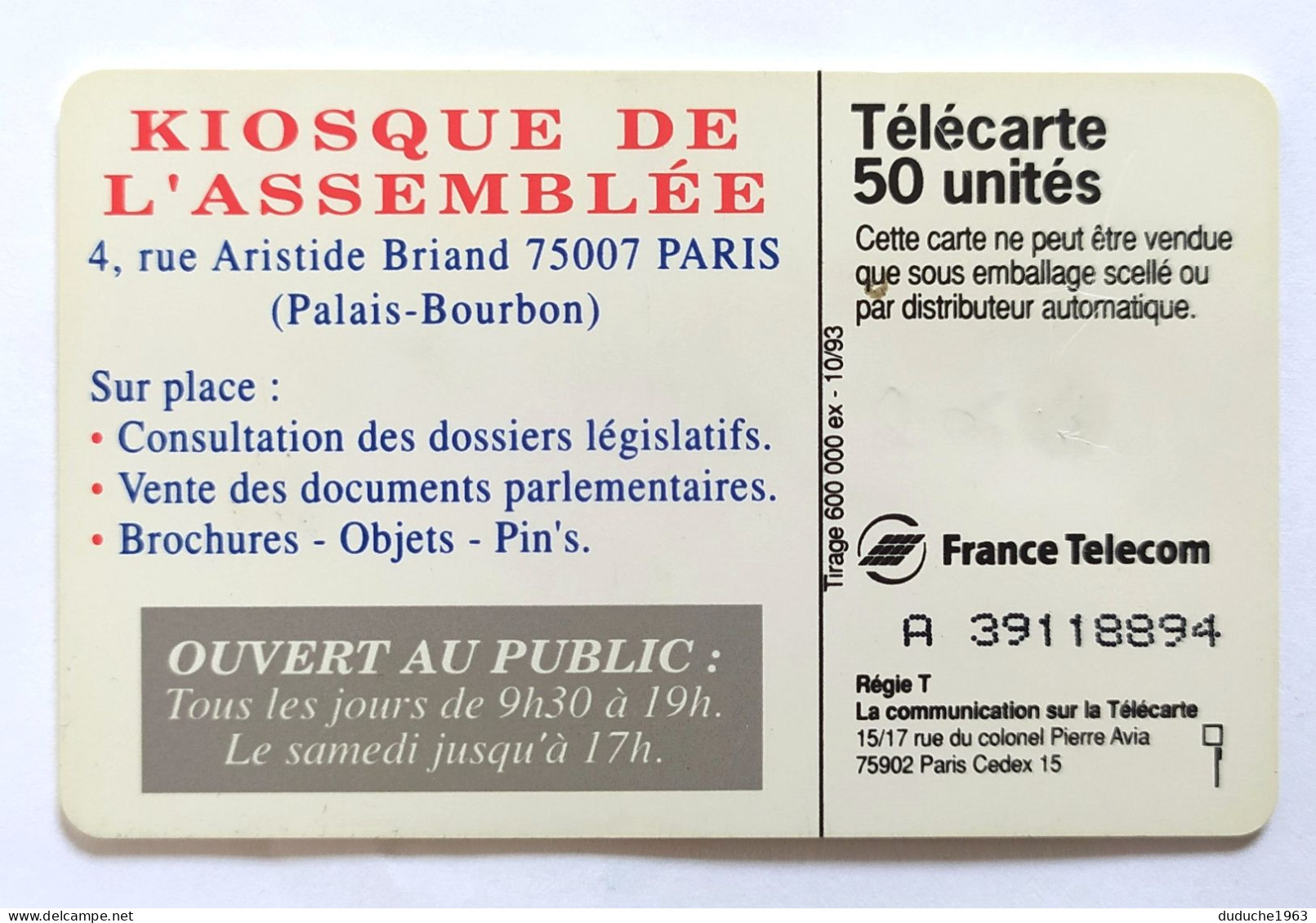 Télécarte France - Kiosque De L'Assemblée - Ohne Zuordnung