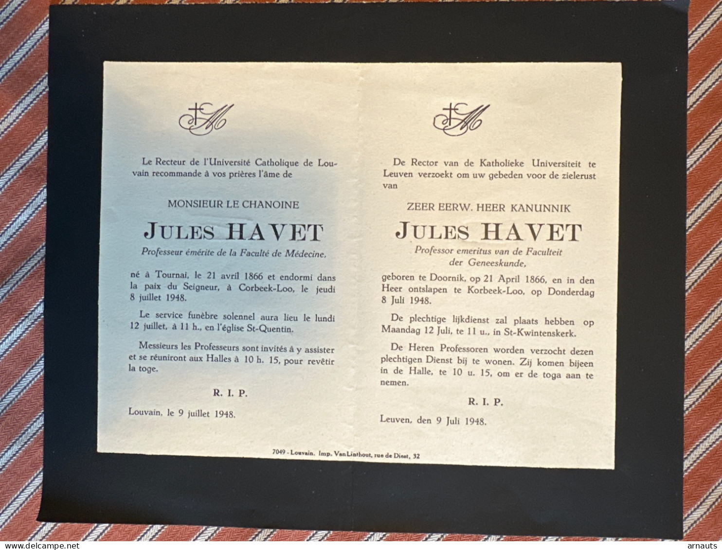 Rector Kath Univ Leuven Verzoekt Gebed Kanunnik Jules Havet Professor  Geneeskunde *1866 Tournai +1948 Corbeek-lo - Obituary Notices