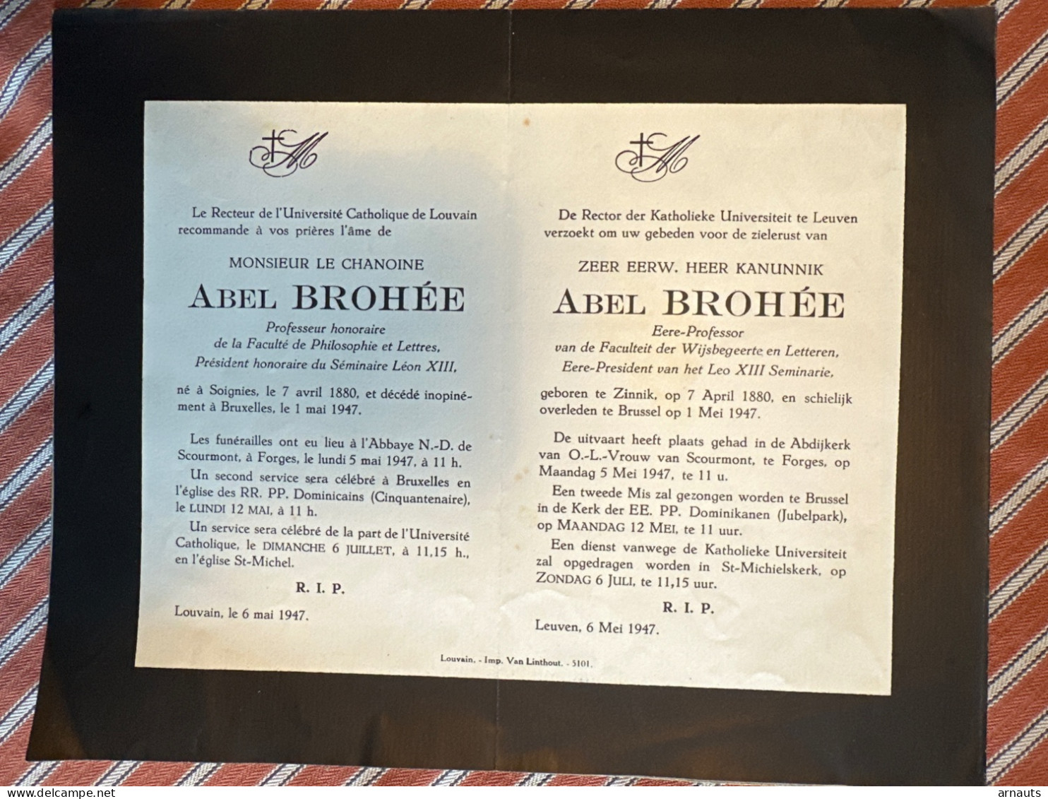 Rector Kath Univ Leuven: Kanunnik Abel Brohee Professor Wijsbegeerte Leo XIII Seminarie*1880 Zinnik +1947 Brussel Forges - Obituary Notices