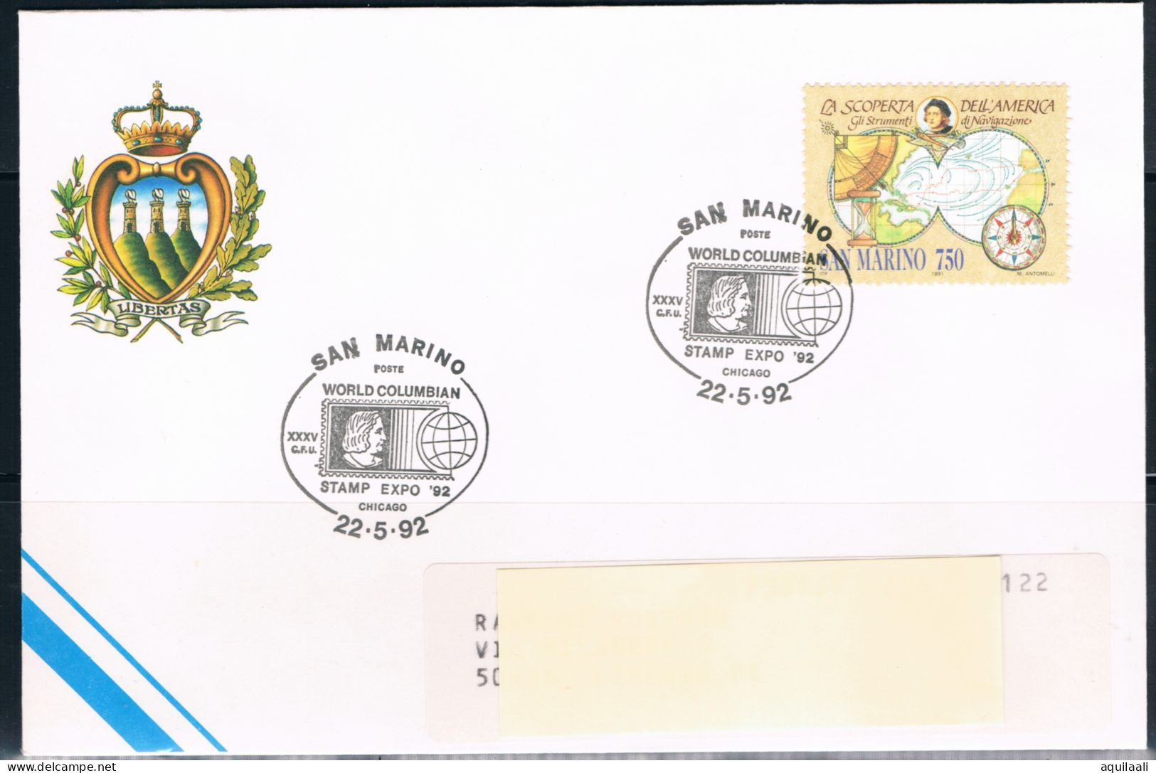 SAN MARINO 1992 - World Columbian Stamp Expo 92 Chicago, Annullo Speciale. - Christoph Kolumbus