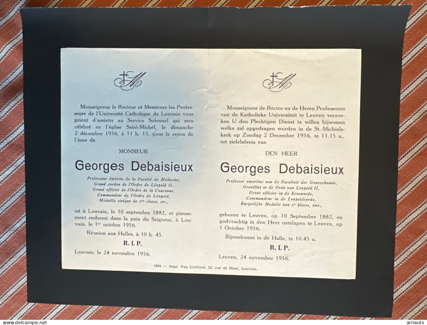 Rector Kath Univ Leuven Verzoekt Gebed HEER Georges Debaisieux *1882 Leuven +1956 Leuven Professor Faculteit Geneeskunde - Obituary Notices