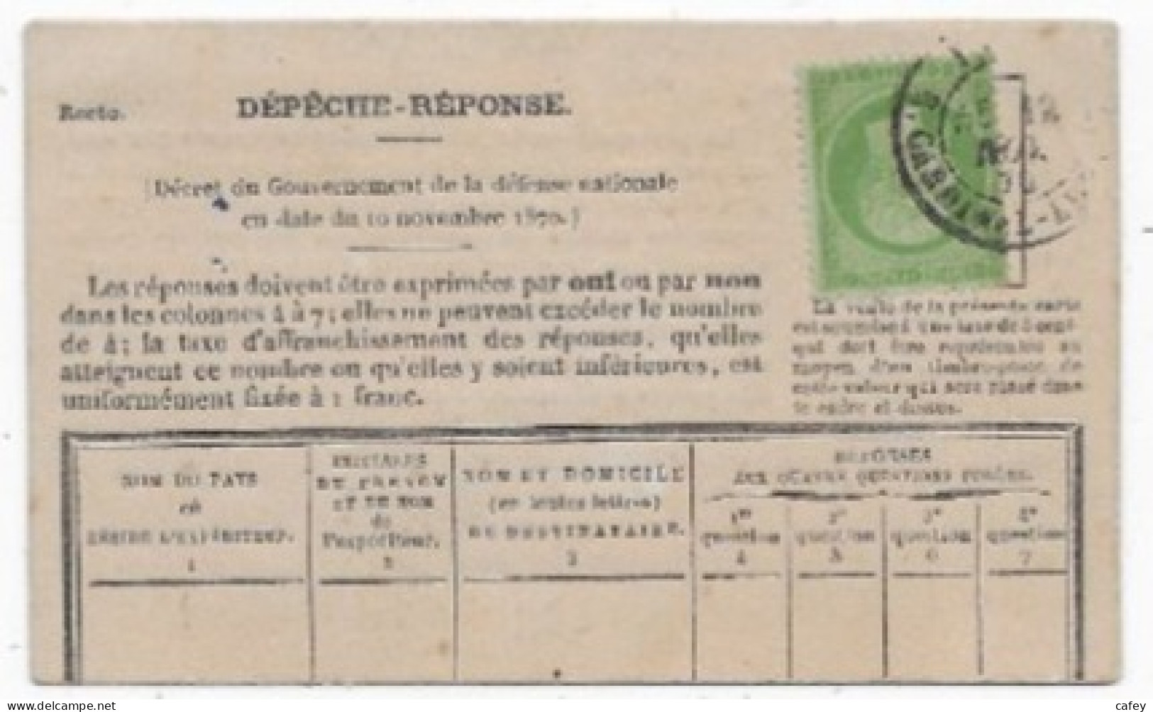 Guerre 1870 SIEGE DE PARIS Carte Transmise Par Ballon Monté Dépêche Réponse Timbre 5c Empire Oblitéré PARIS 12 DEC.70 - War 1870