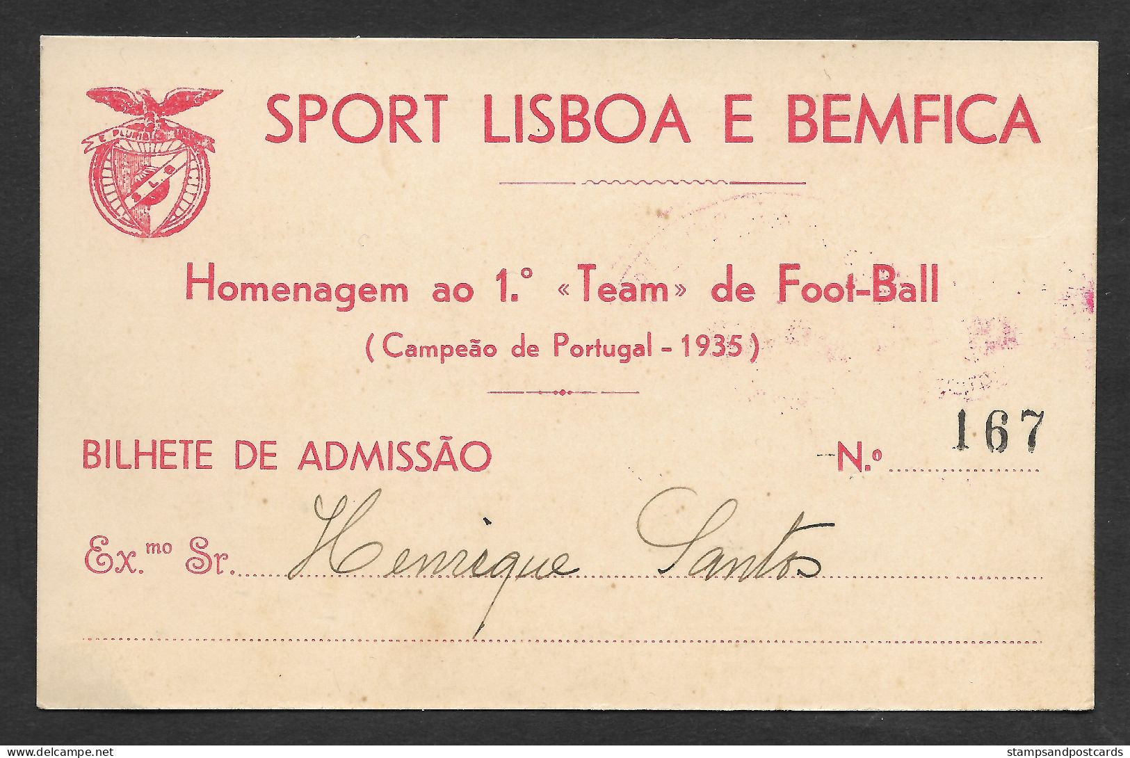Portugal Ticket 1935 Sport Lisboa E Benfica Hommage Première équipe Football Tribute To The First Soccer Team - Eintrittskarten
