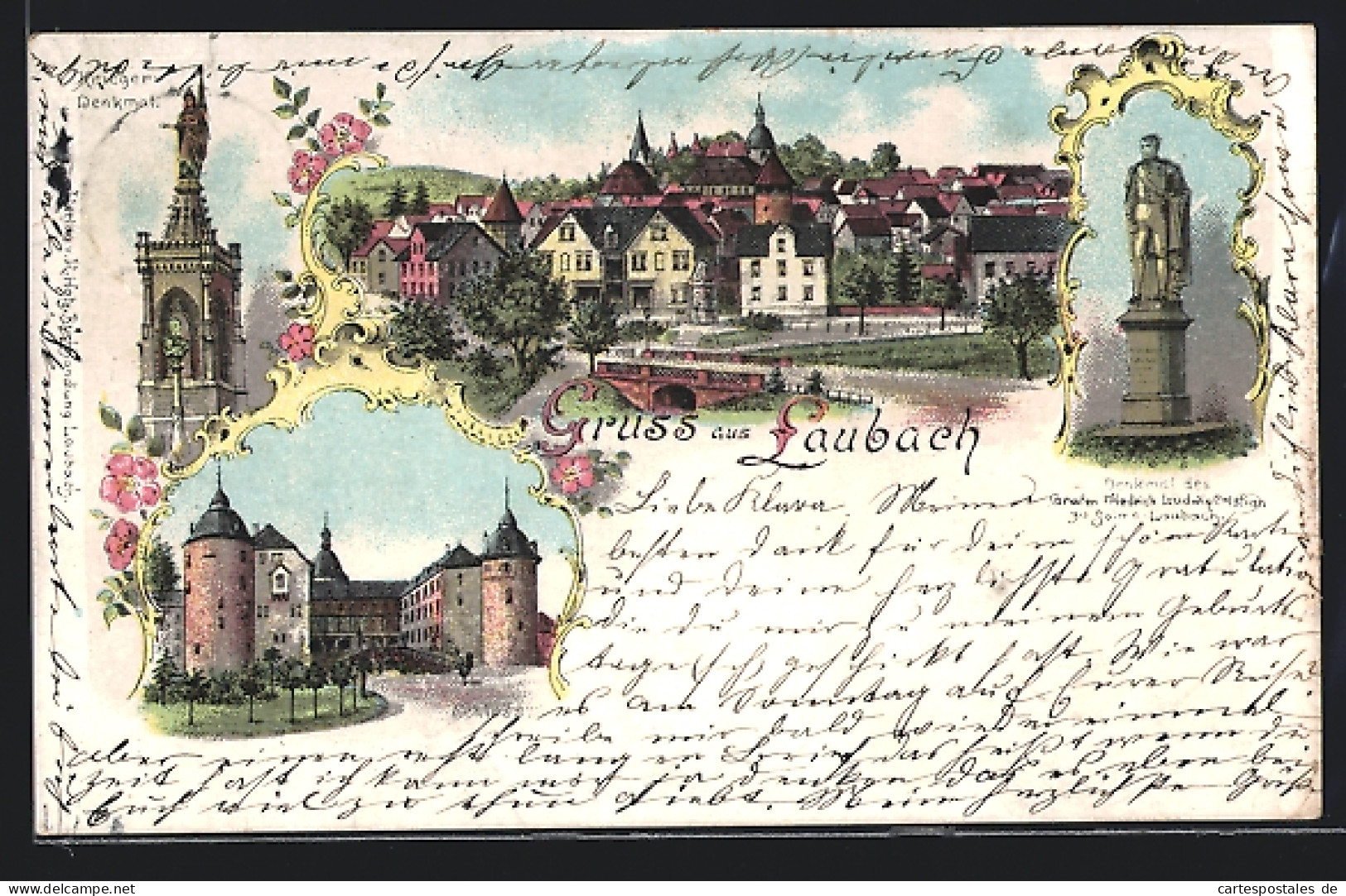 Lithographie Laubach / Hessen, Krieger-Denkmal, Ortspartie, Ortsansicht Mit Brücke  - Laubach