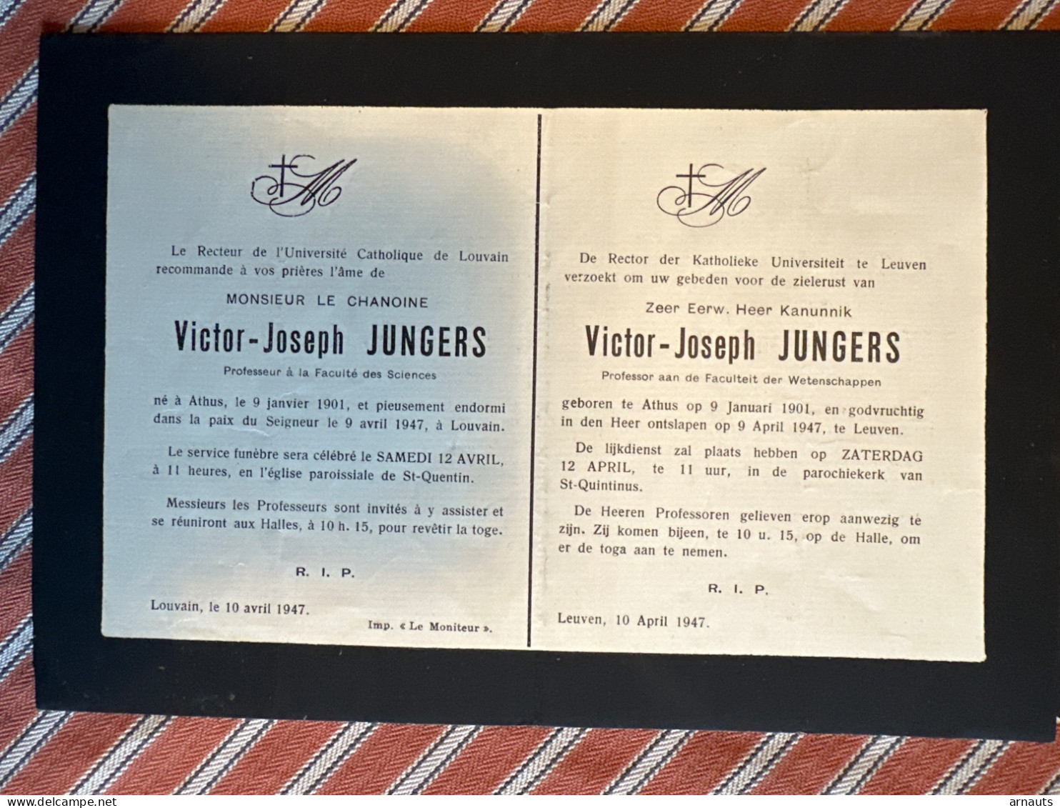 Rector Kath Univ Leuven Verzoekt Gebed Kanunnik Victor Jungers *1901 Athus +1947 Leuven Professor Faculteit Wetenschappe - Obituary Notices