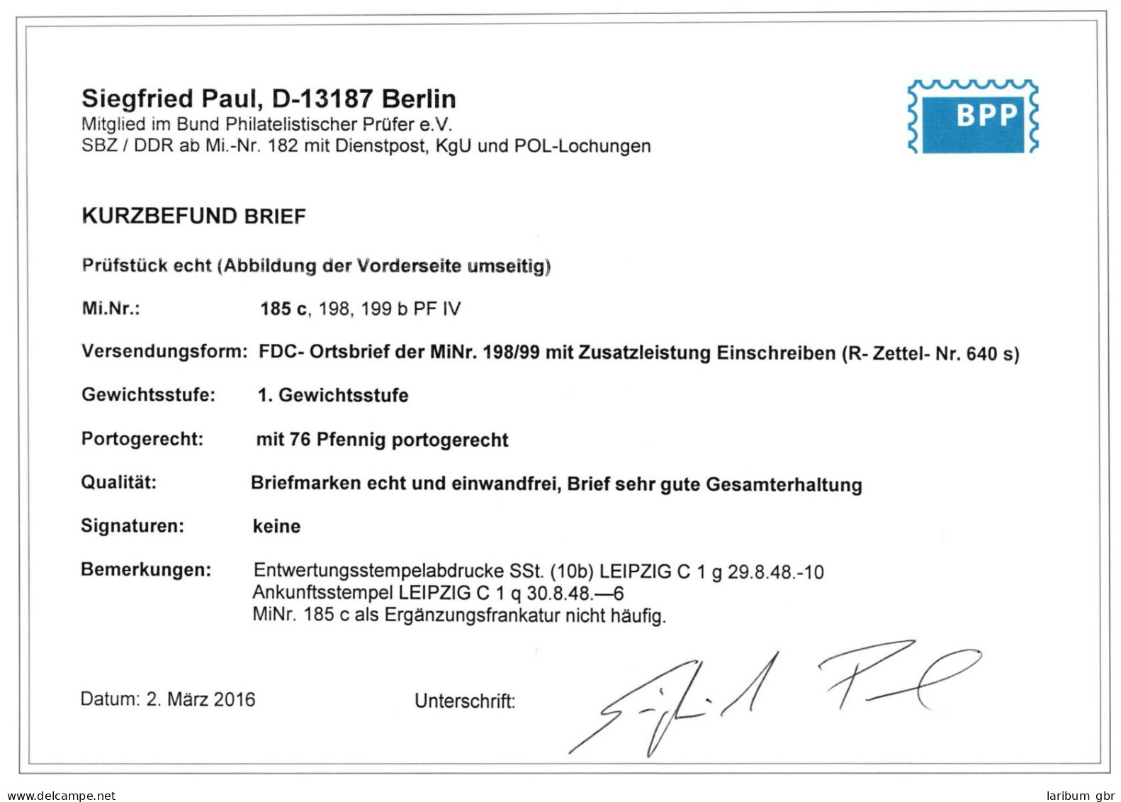 SBZ 185 C, 198, 199 B Als Ersttagsbrief Portogerecht, Kurzbefund Paul BPP #IP488 - Sonstige & Ohne Zuordnung