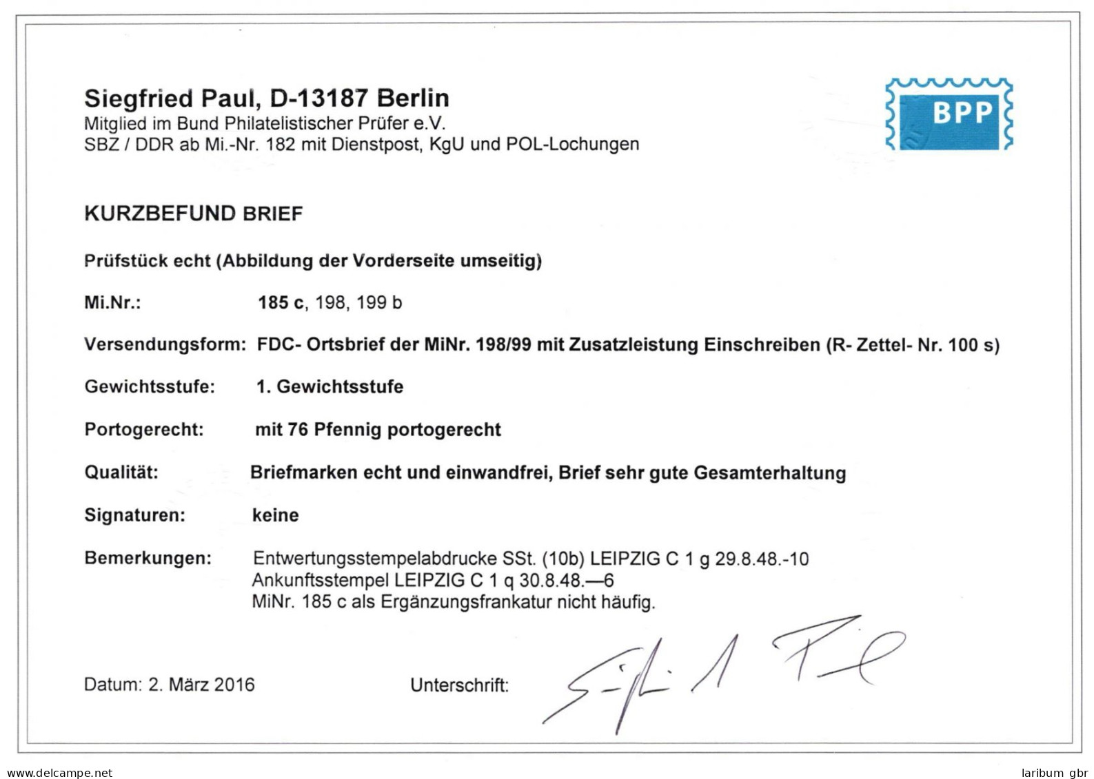 SBZ 185 C, 198, 199 B Als Ersttagsbrief Portogerecht, Kurzbefund Paul BPP #IP487 - Sonstige & Ohne Zuordnung