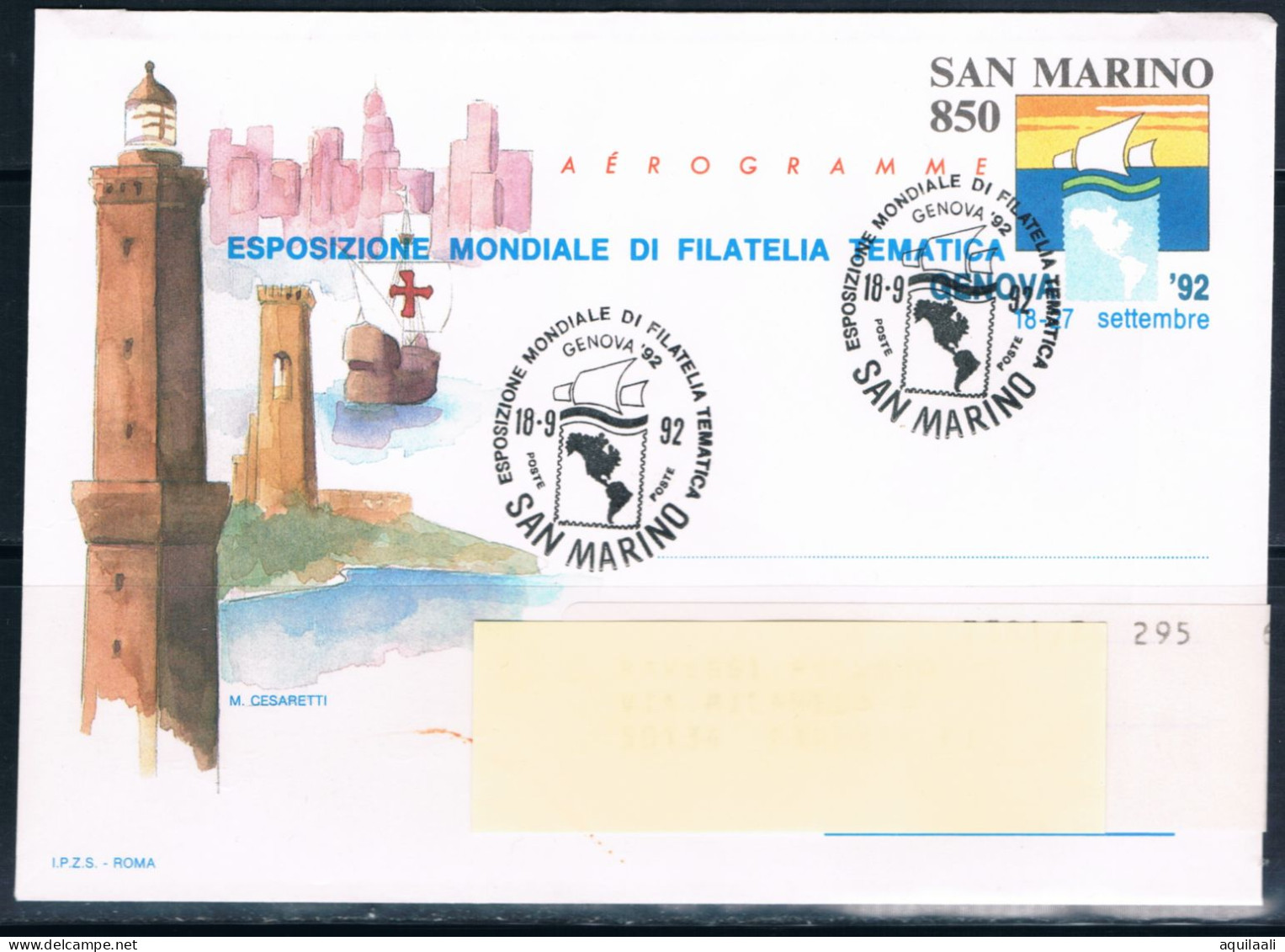 SAN MARINO 1992 -aerogramma Expo Genova 92, Annullo Speciale. - Interi Postali