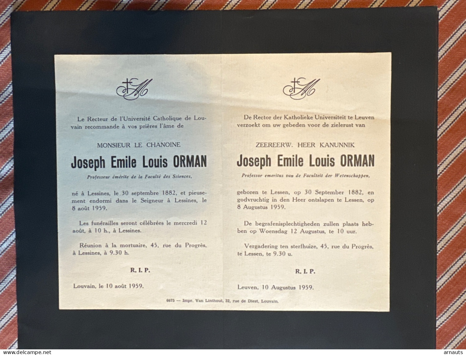 Rector Kath Univ Leuven Verzoekt Gebed Kanunnik Joseph Orman *1882 Lessines +1959 Lessines Professor Faculteit Wetenscha - Obituary Notices