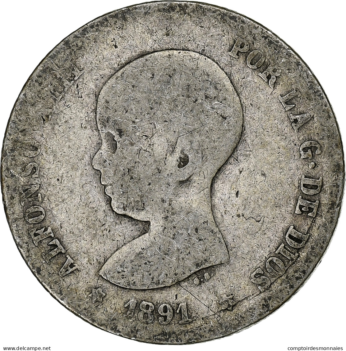 Espagne, Alfonso XIII, Peseta, 1891, Madrid, Argent, B+, KM:691 - First Minting