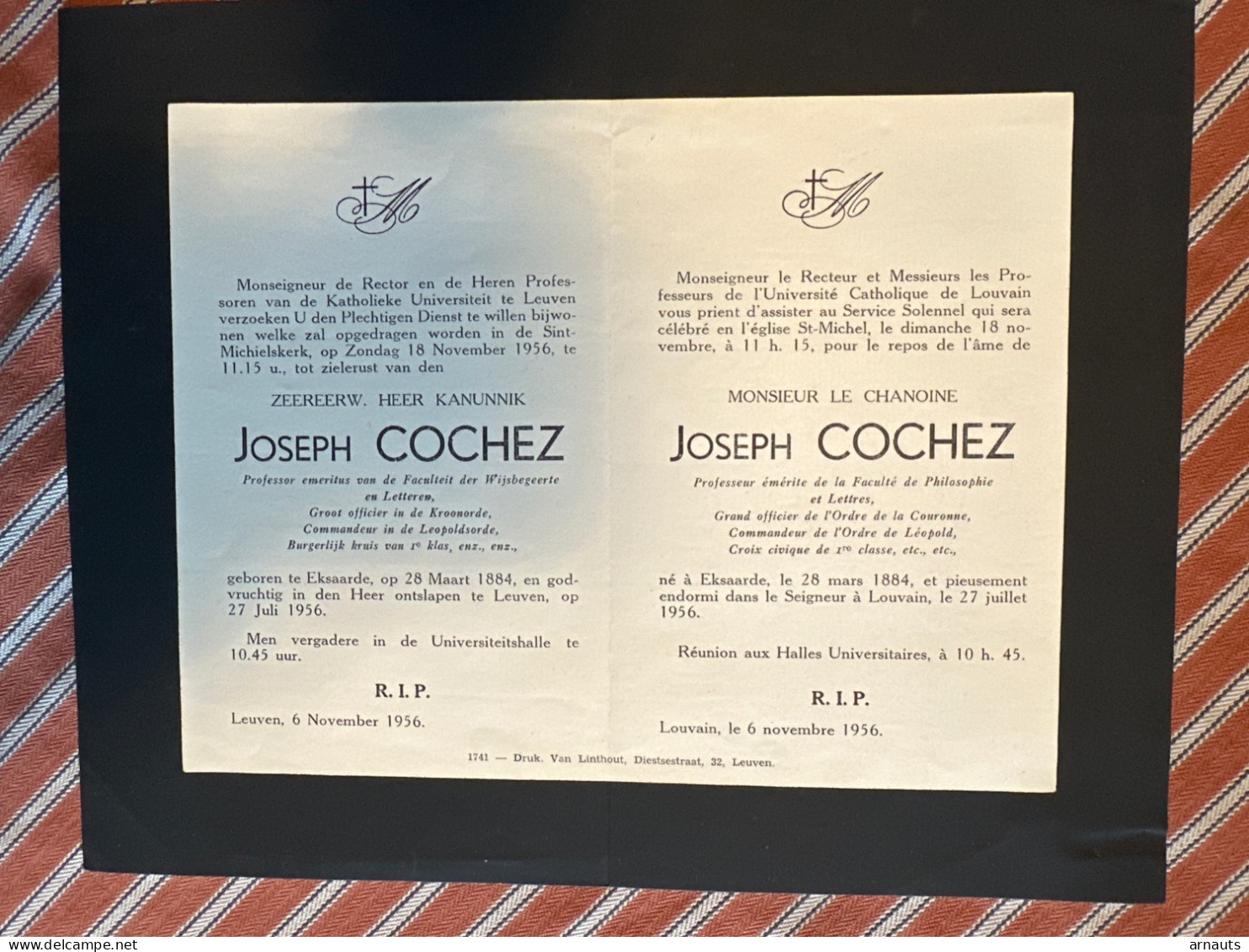 Rector Kath Univ Leuven Verzoekt NAMIS  Kanunnik Cochez Joseph *1884 Eksaarde +1956 Leuven Professor Wijsbegeerte - Obituary Notices
