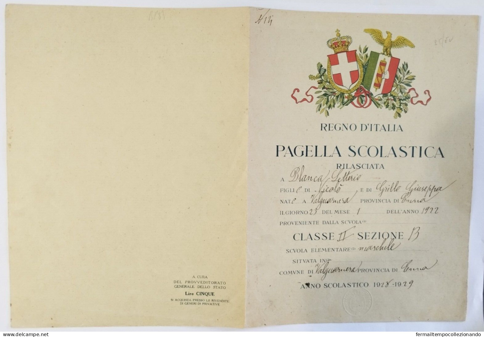 Bp83 Pagella Fascista Opera Balilla Regno D'italia Valguarnera Enna 1929 - Diploma & School Reports