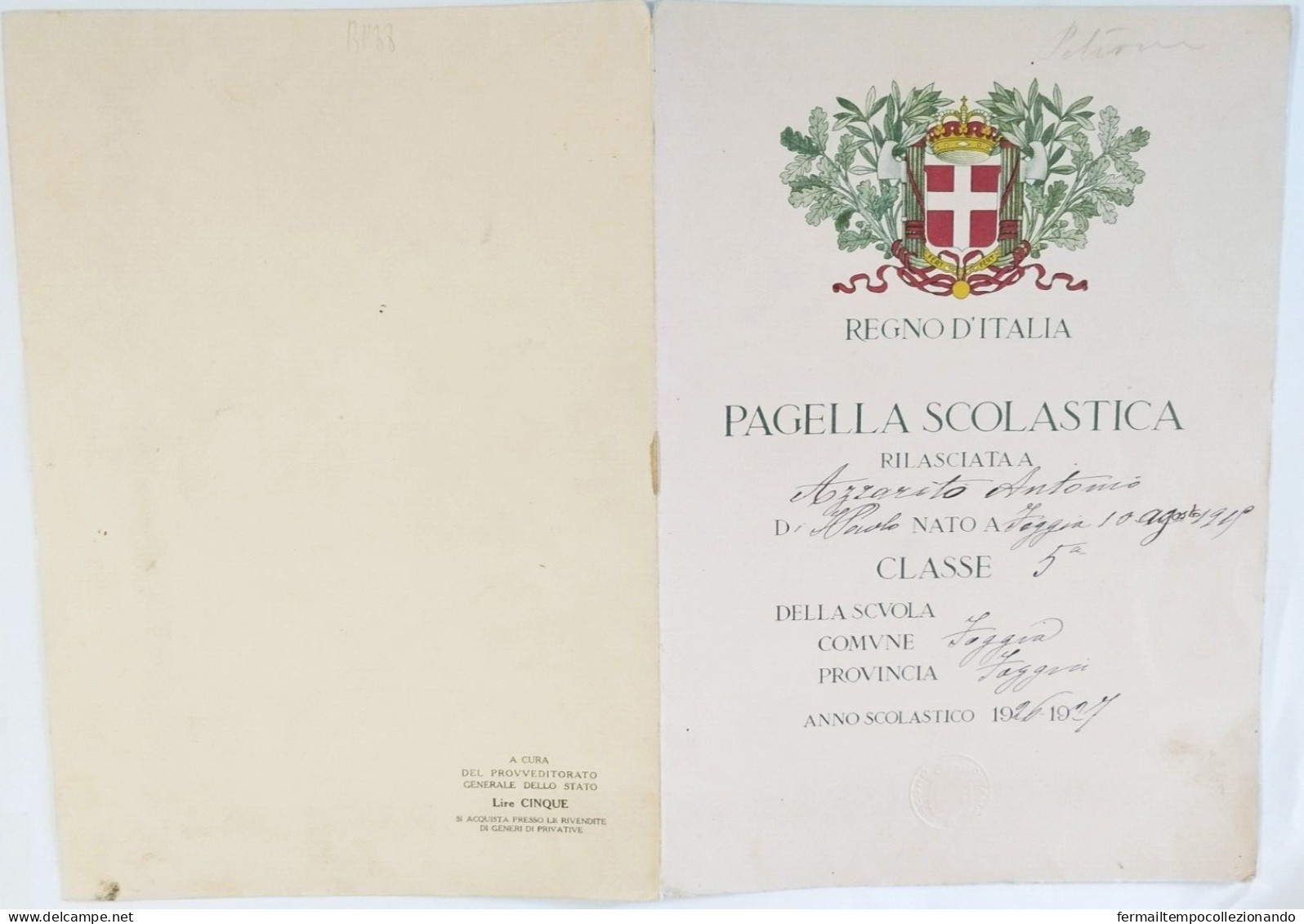 Bp88 Pagella Fascista Opera Balilla Regno D'italia Foggia - Diplômes & Bulletins Scolaires