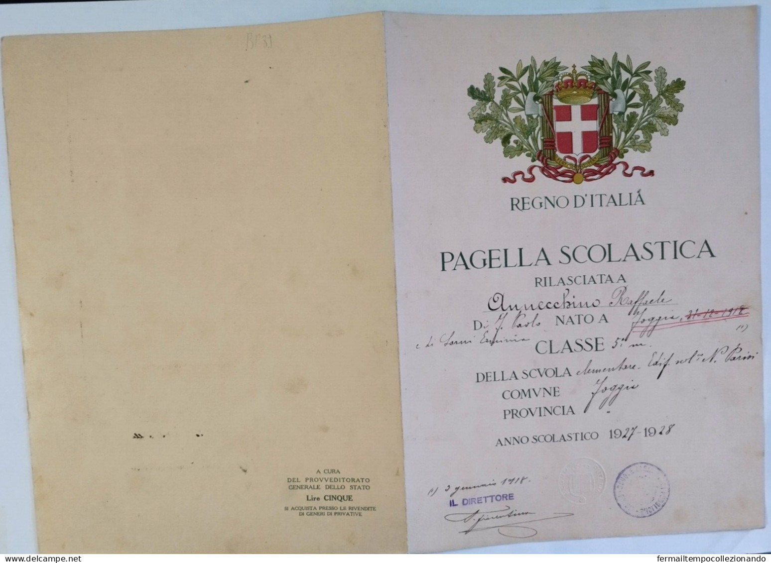 Bp89 Pagella Fascista Opera Balilla Regno D'italia Foggia 1928 - Diplômes & Bulletins Scolaires