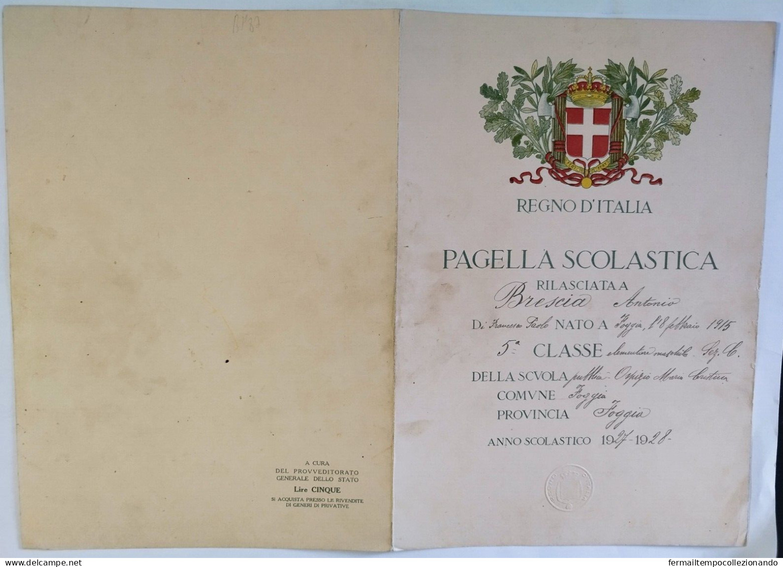 Bp87 Pagella Fascista Opera Balilla Regno D'italia Foggia - Diplômes & Bulletins Scolaires