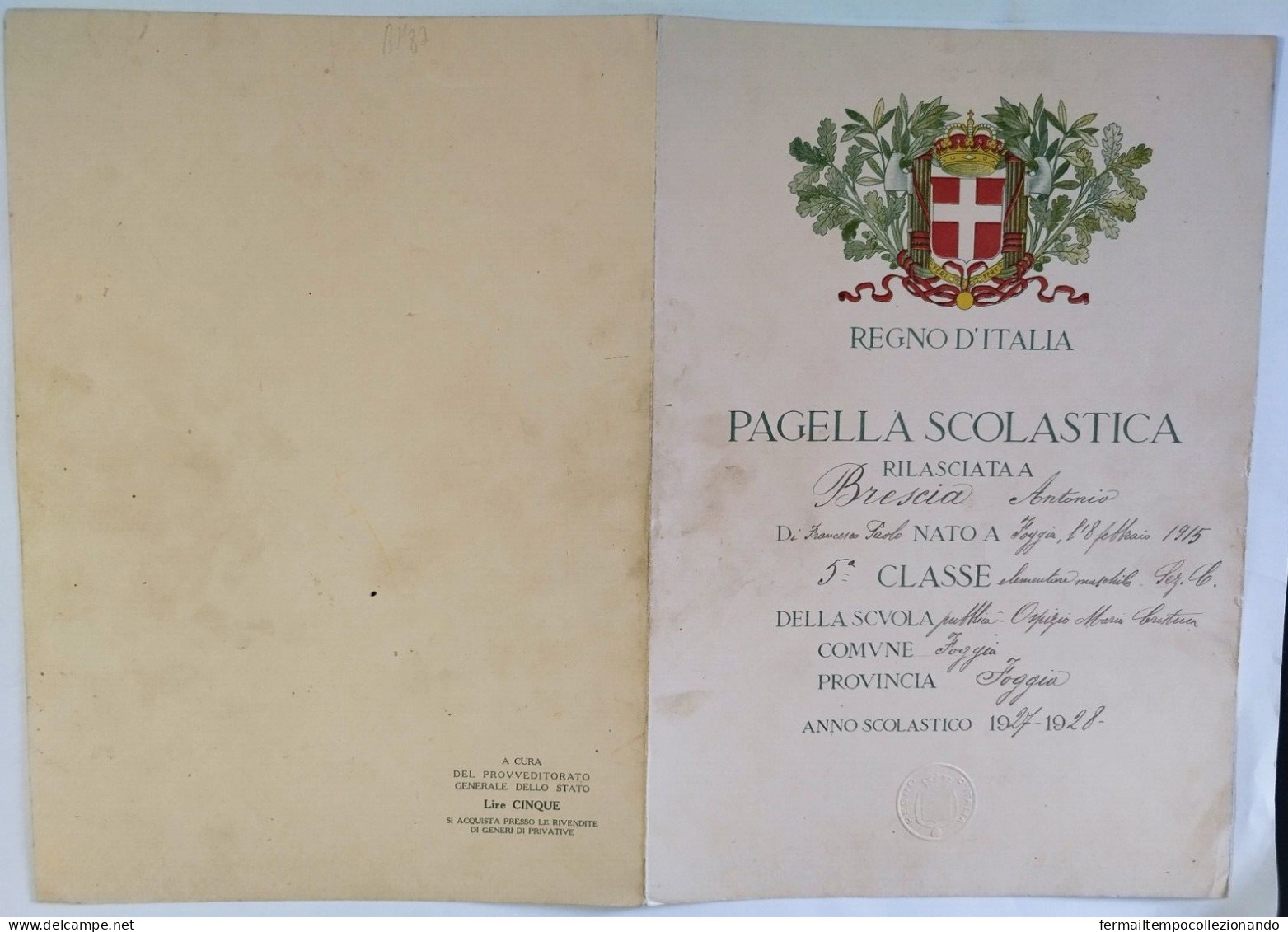 Bp87 Pagella Fascista Opera Balilla Regno D'italia Foggia - Diploma's En Schoolrapporten