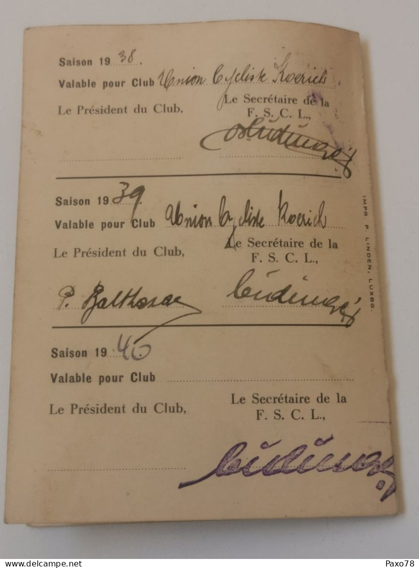 Carte Membre, Fédération Des Sociétés Cyclistes Luxembourgeoises, Koerich 1938-40 - Briefe U. Dokumente