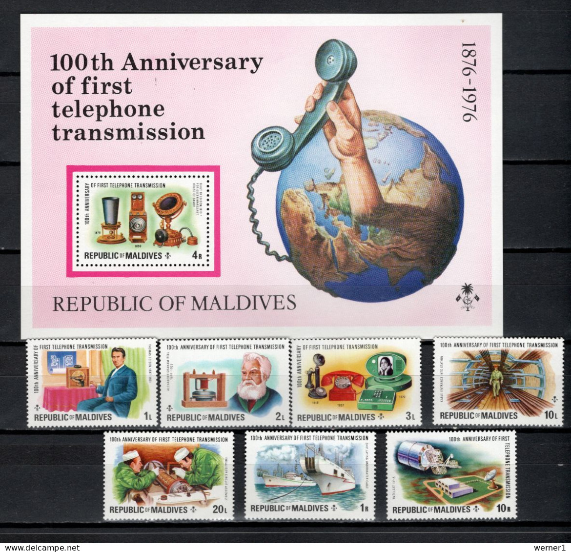 Maldives 1976 Space, Telephone Centenary Set Of 7 + S/s MNH - Asien