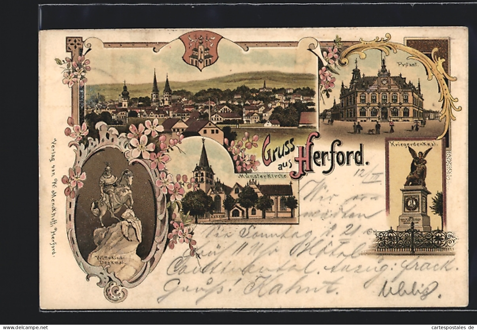 Lithographie Herford, Teilansicht, Postamt, Wappen  - Herford