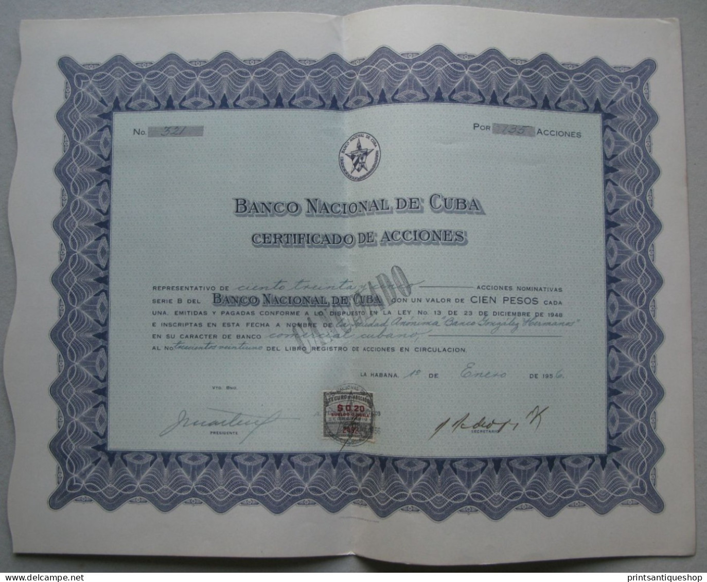 1956 Banco Nacional De Cuba Emprunt Aktie Obligation Bond BONO Certificate $100 Habana Havana In Spanish - Bank En Verzekering