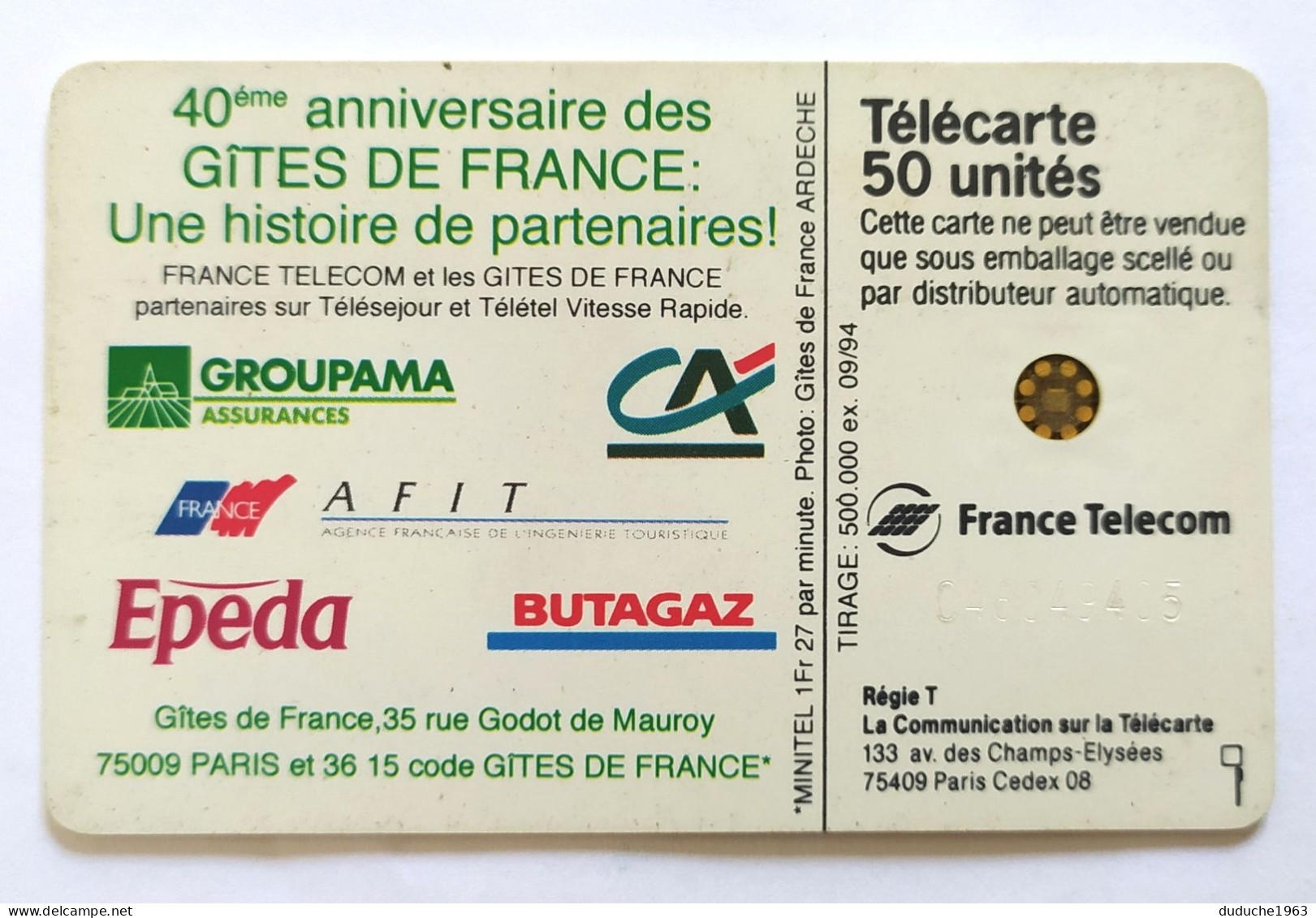 Télécarte France - Gîtes De France - Zonder Classificatie