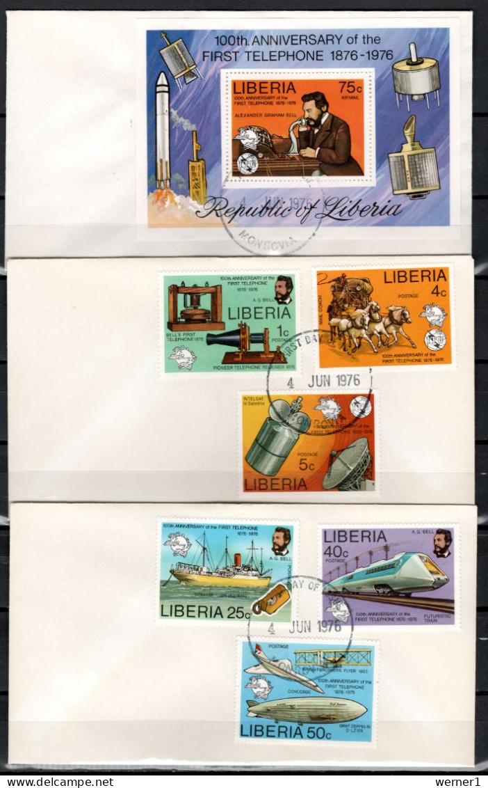 Liberia 1976 Space, Telephone Centenary, Zeppelin, Concorde Set Of 6 + S/s On 3 FDC - Afrika