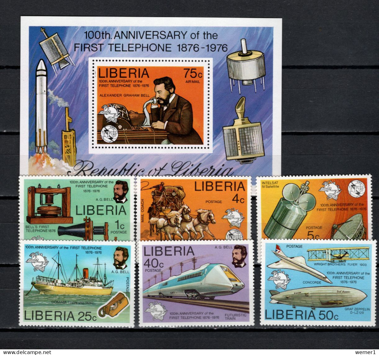 Liberia 1976 Space, Telephone Centenary, Zeppelin, Concorde Set Of 6 + S/s MNH - Africa