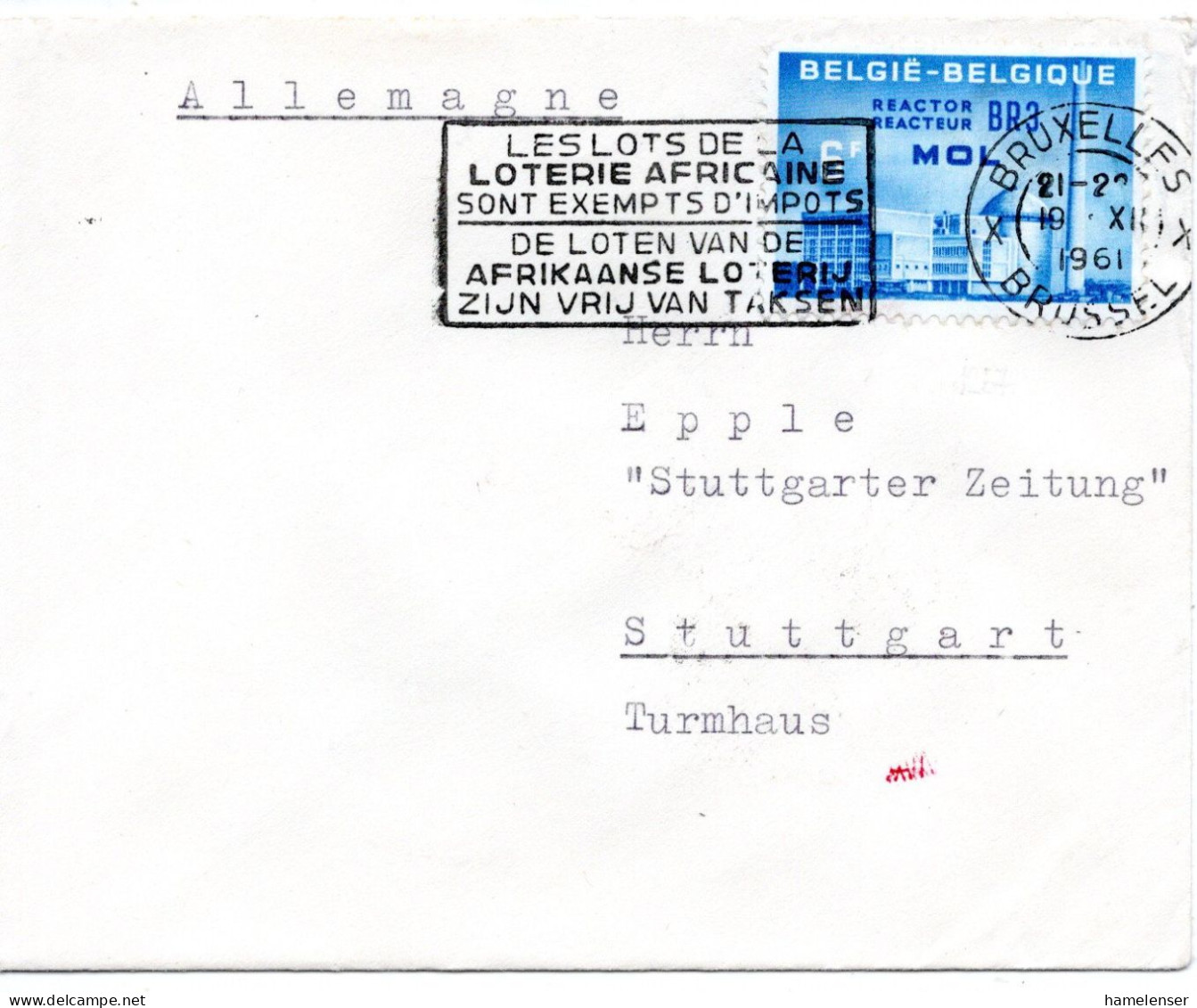 63887 - Belgien - 1961 - 6F AKW EF A Bf BRUXELLES - ... LOTERIE AFRICAINE ... -> Westdeutschland - Atomenergie